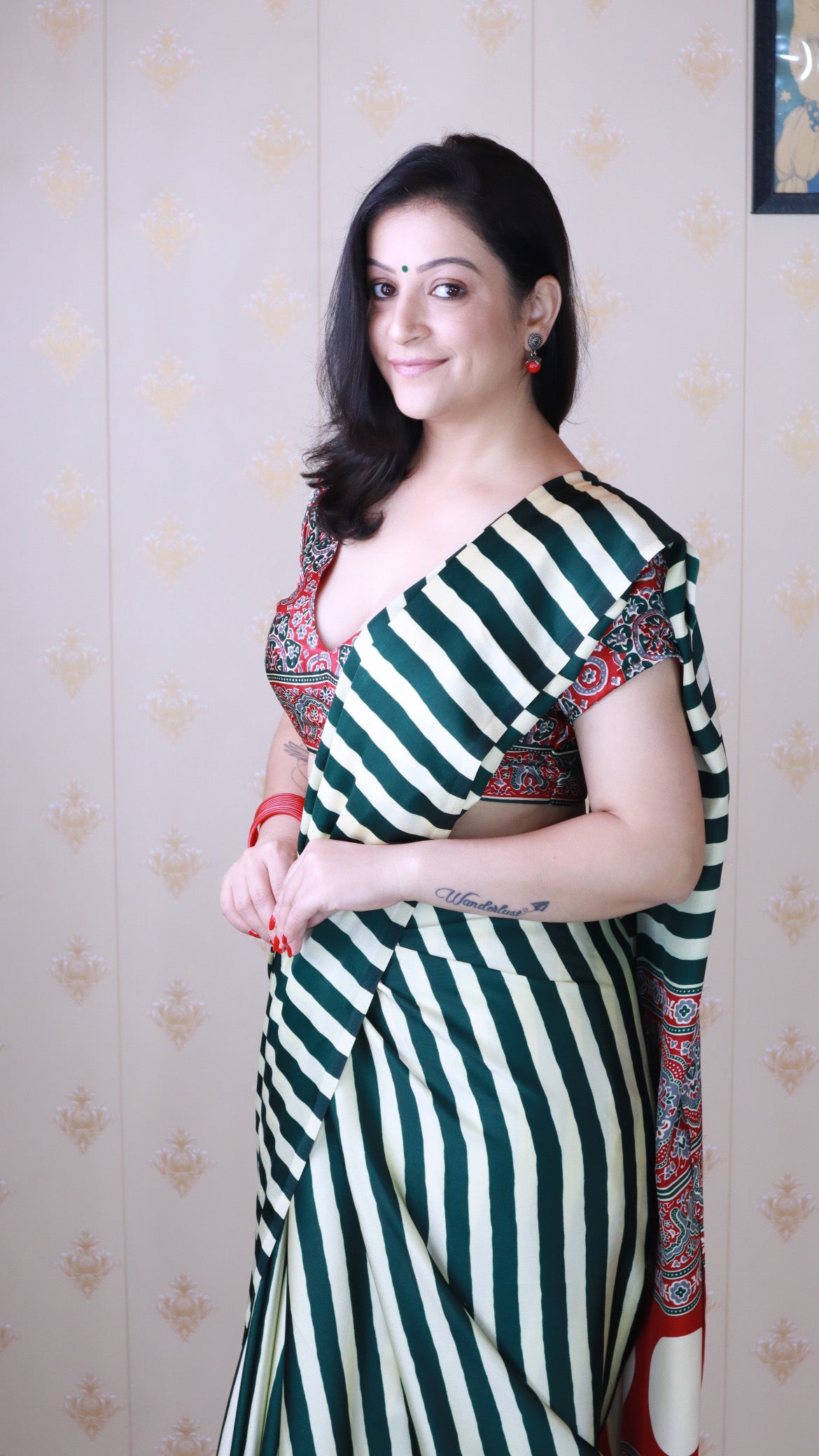 Classic Green Striped Ajrakh Hand-Printed Modal Silk Saree