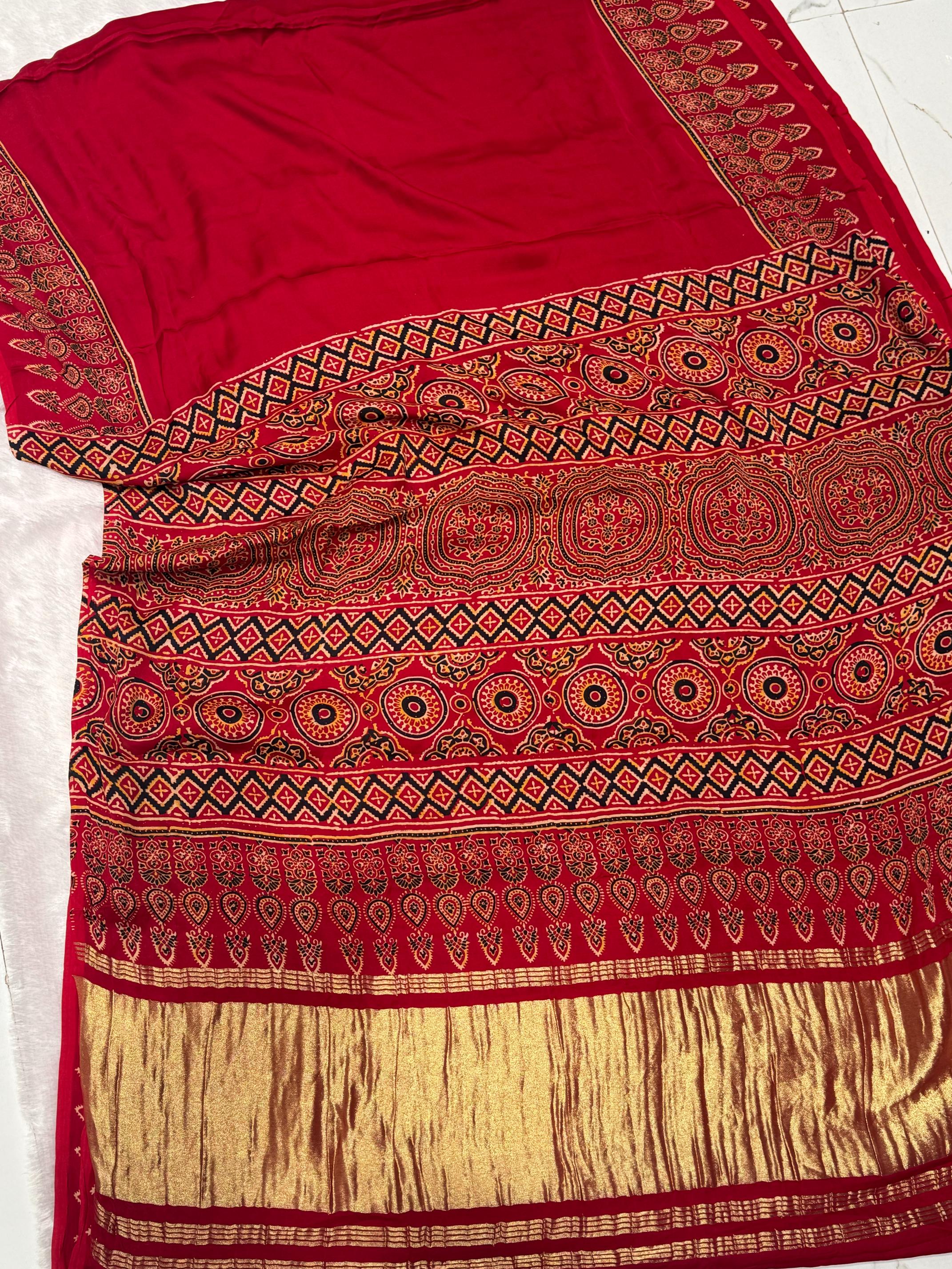 Maroon Ajrakh Hand Block Modal Silk Plain Saree With Fancy Zari pallu