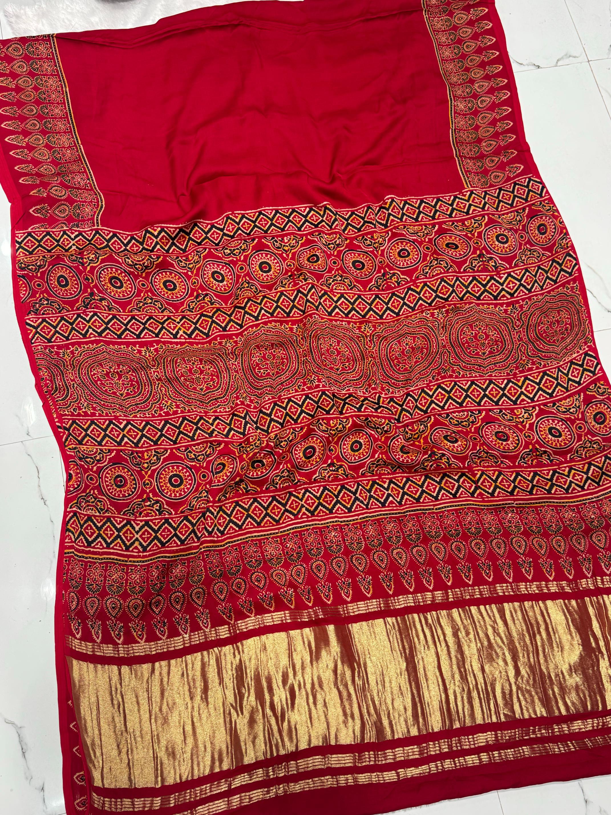Maroon Ajrakh Hand Block Modal Silk Plain Saree With Fancy Zari pallu