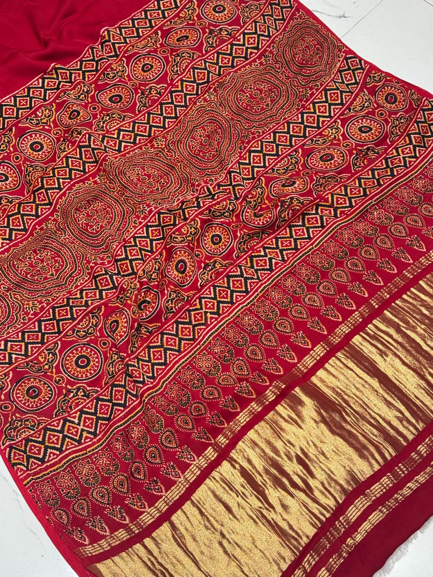 Maroon Ajrakh Hand Block Modal Silk Plain Saree With Fancy Zari pallu