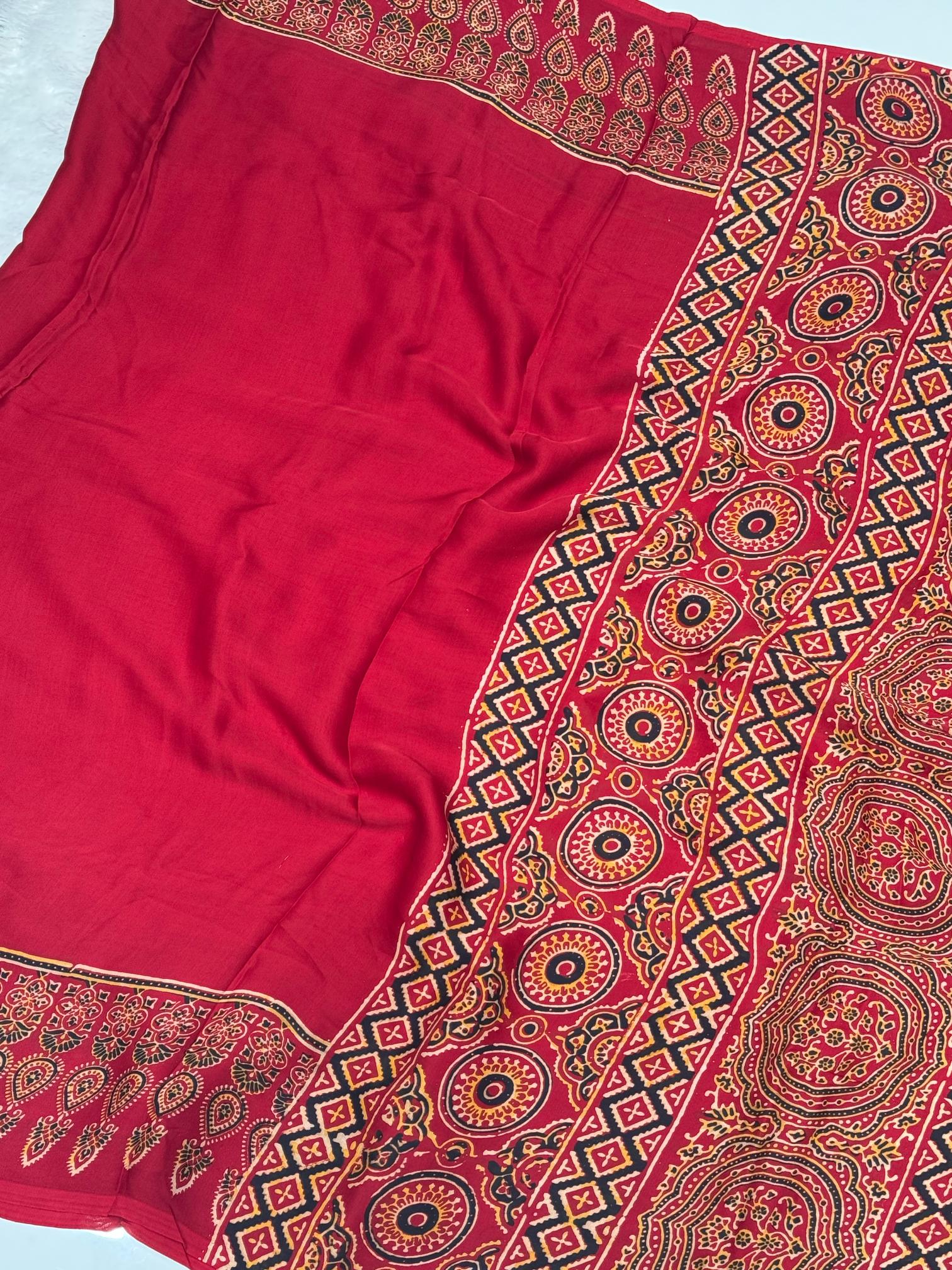 Maroon Ajrakh Hand Block Modal Silk Plain Saree With Fancy Zari pallu