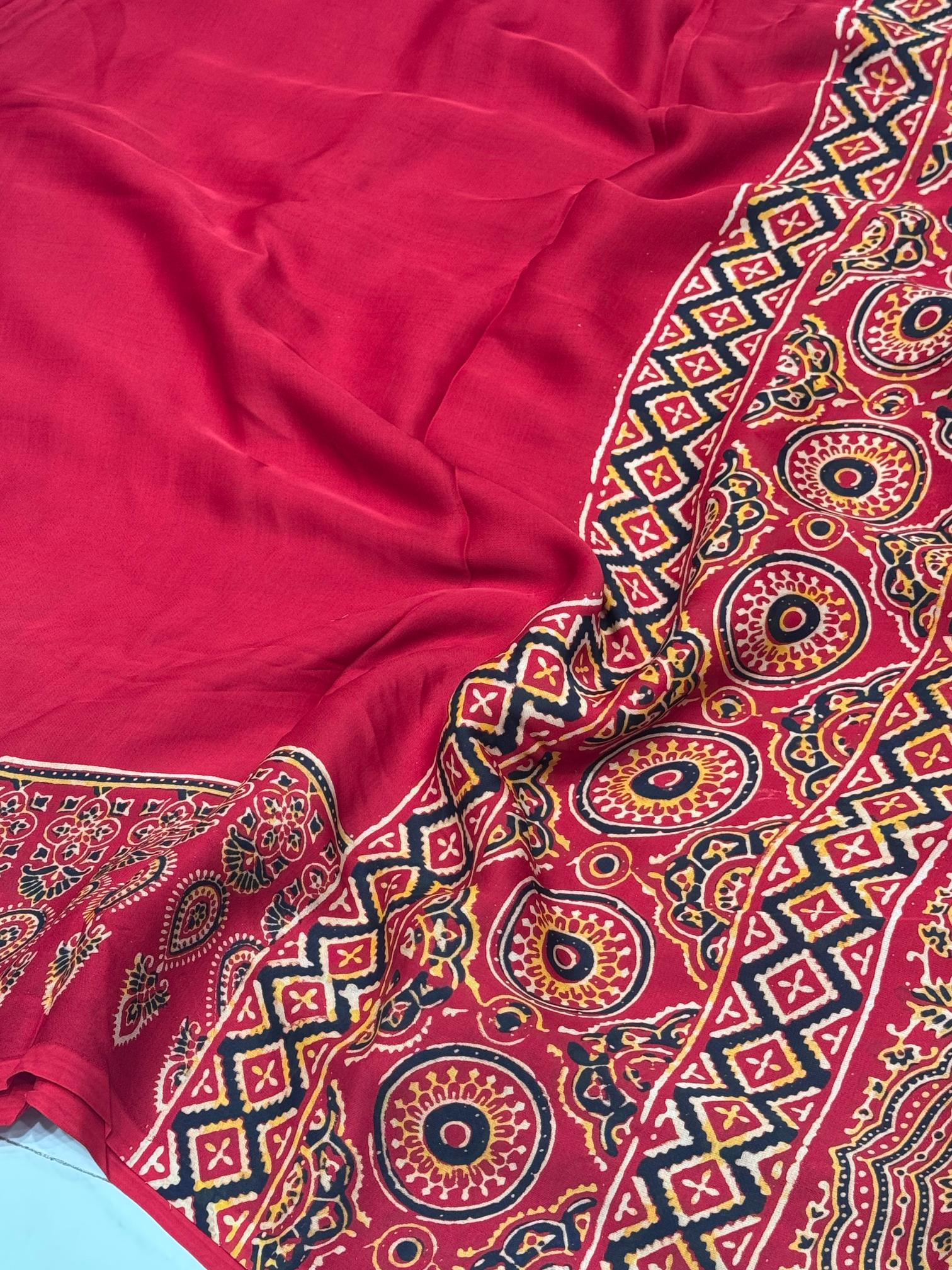 Maroon Ajrakh Hand Block Modal Silk Plain Saree With Fancy Zari pallu
