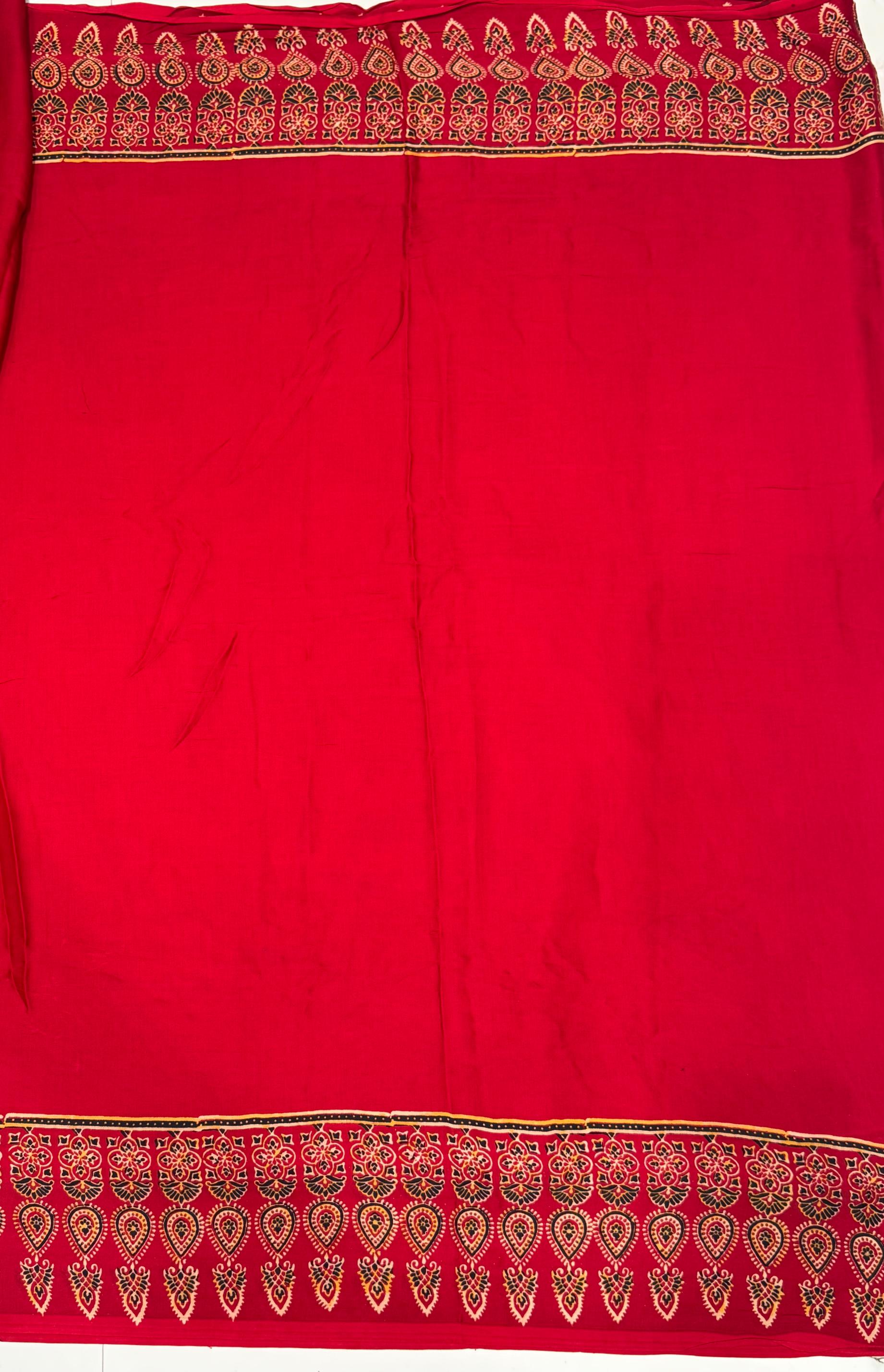 Maroon Ajrakh Hand Block Modal Silk Plain Saree With Fancy Zari pallu