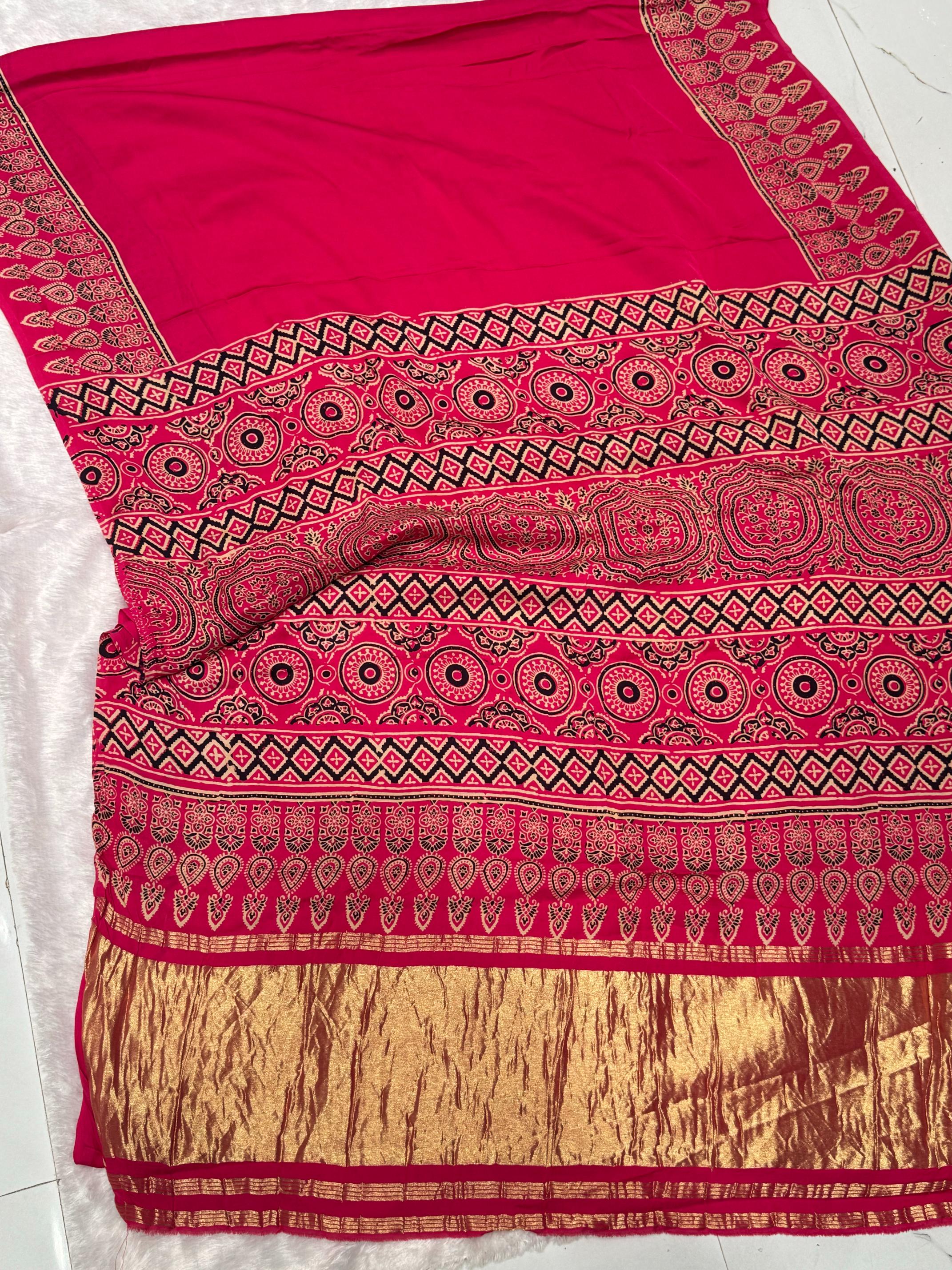 Rani Ajrakh Hand Block Modal Silk Plain Saree With Fancy Zari pallu