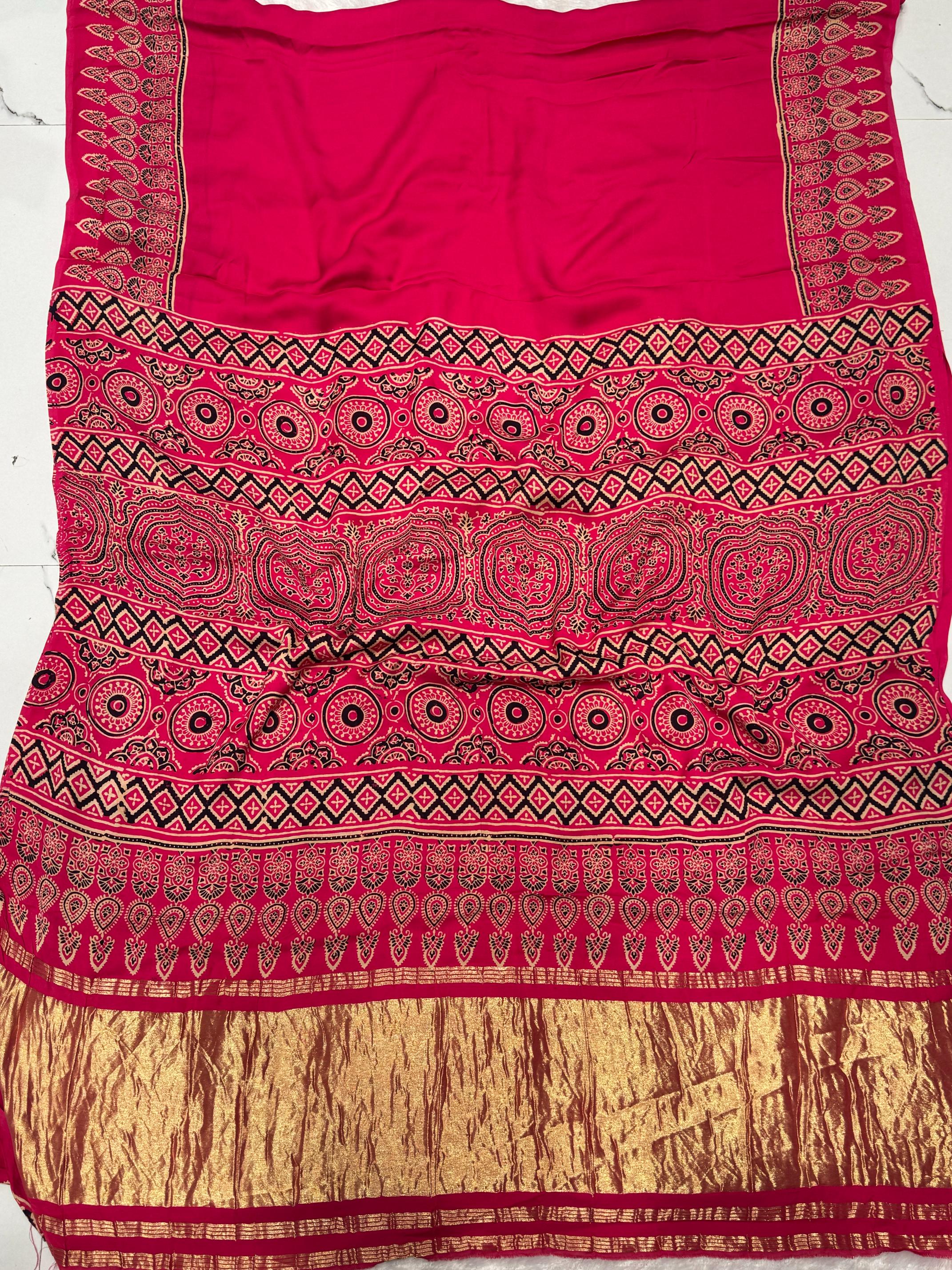 Rani Ajrakh Hand Block Modal Silk Plain Saree With Fancy Zari pallu