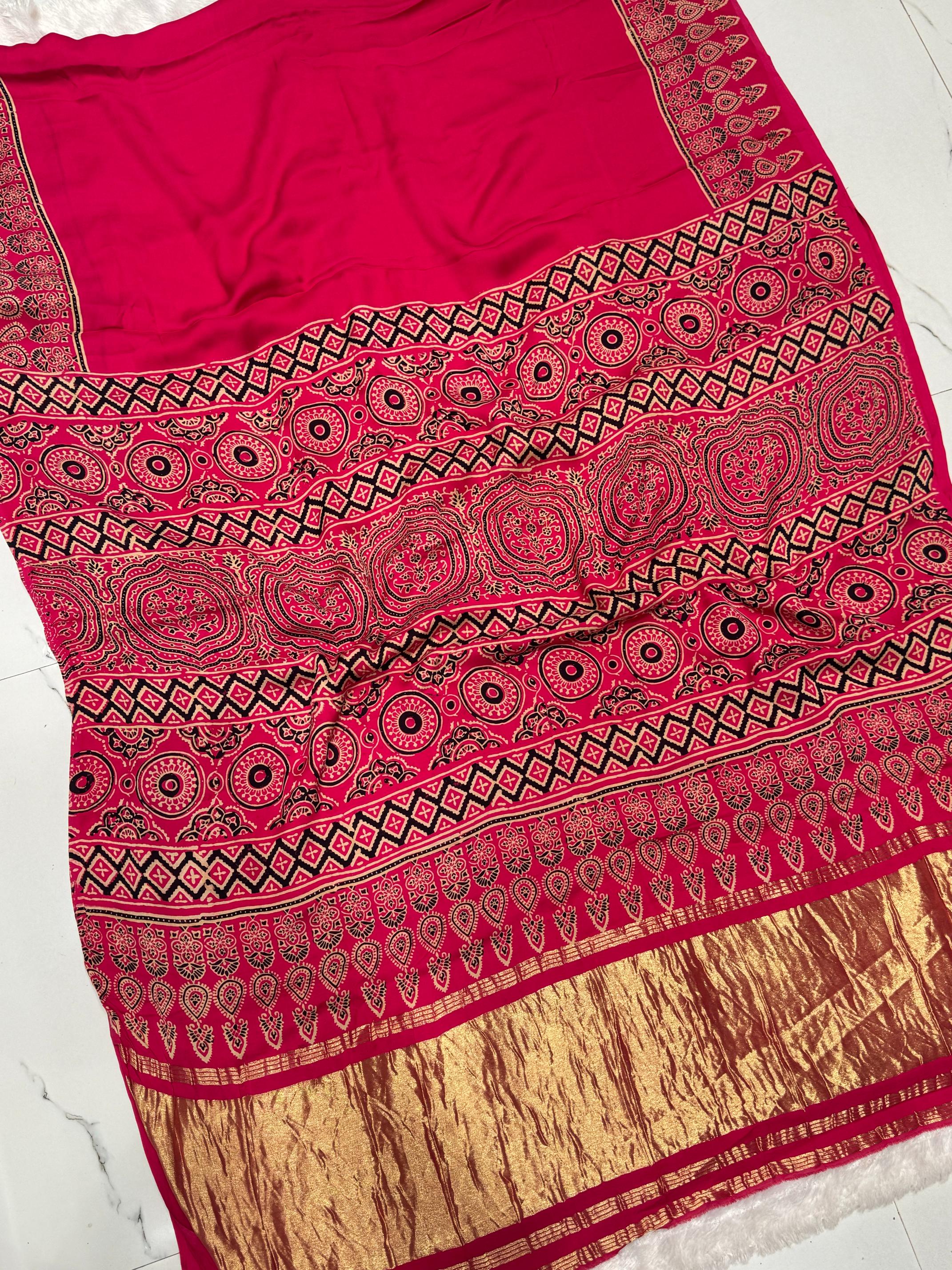 Rani Ajrakh Hand Block Modal Silk Plain Saree With Fancy Zari pallu