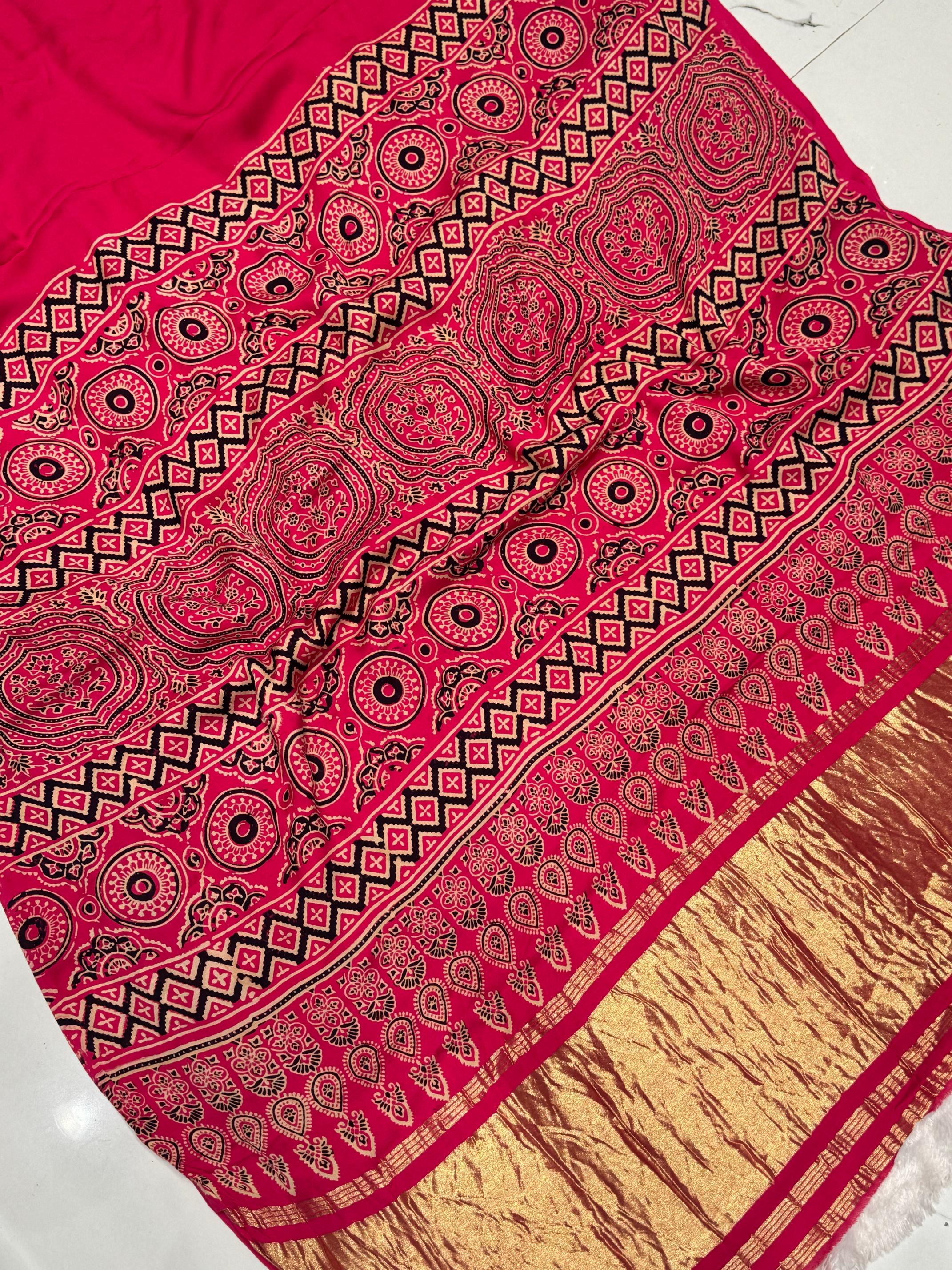 Rani Ajrakh Hand Block Modal Silk Plain Saree With Fancy Zari pallu