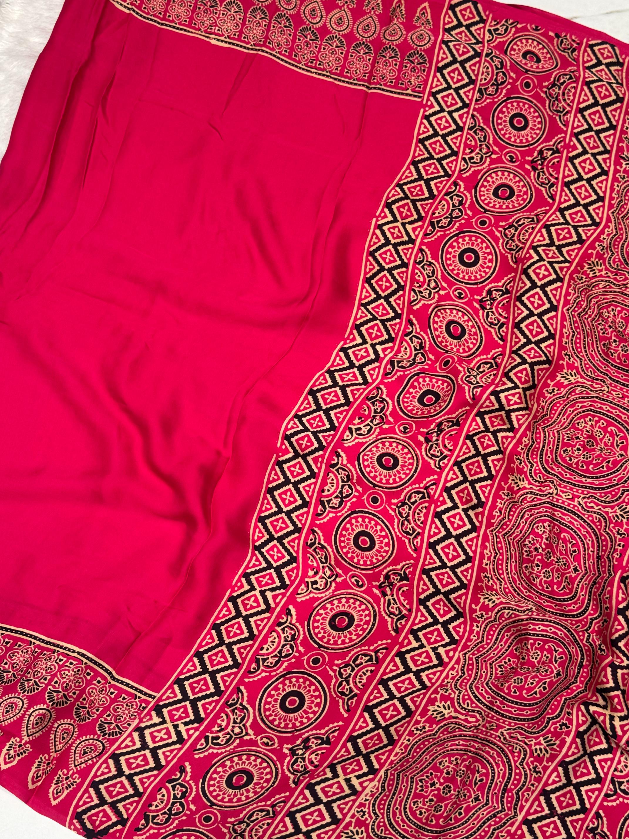 Rani Ajrakh Hand Block Modal Silk Plain Saree With Fancy Zari pallu