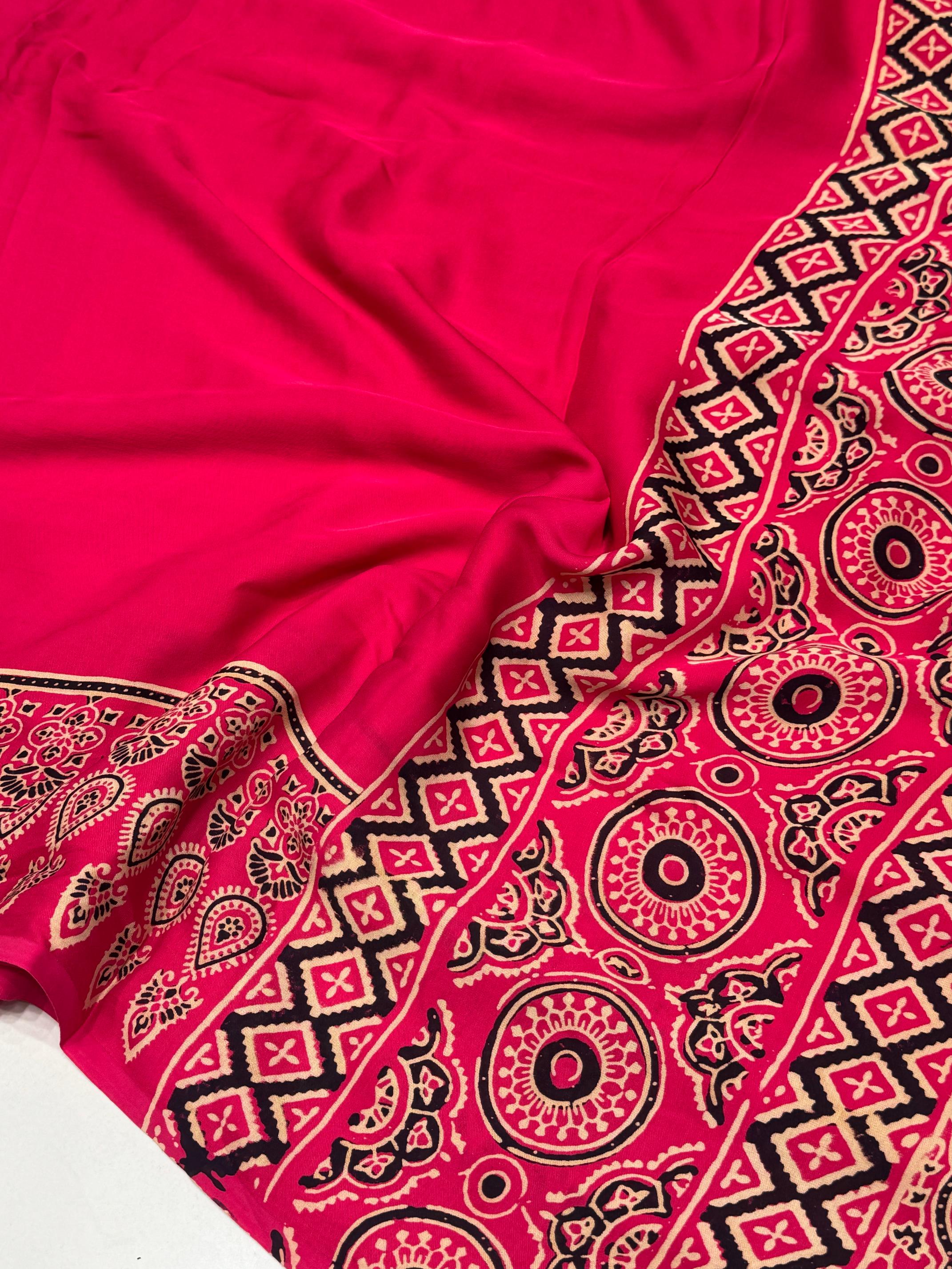 Rani Ajrakh Hand Block Modal Silk Plain Saree With Fancy Zari pallu