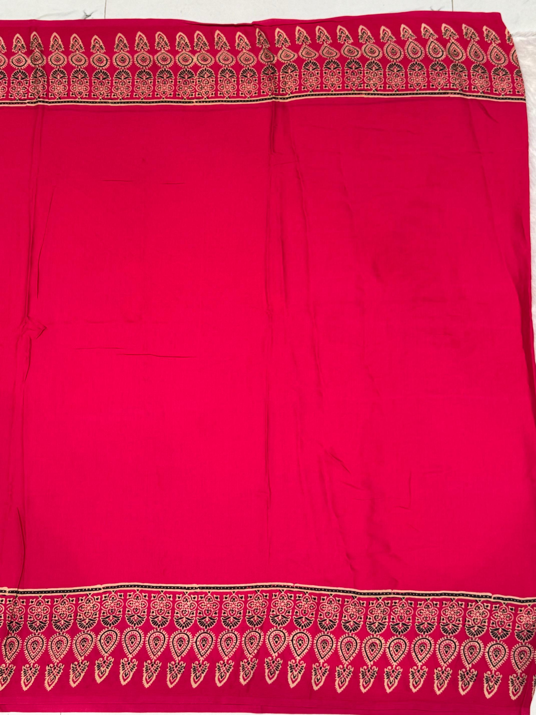 Rani Ajrakh Hand Block Modal Silk Plain Saree With Fancy Zari pallu