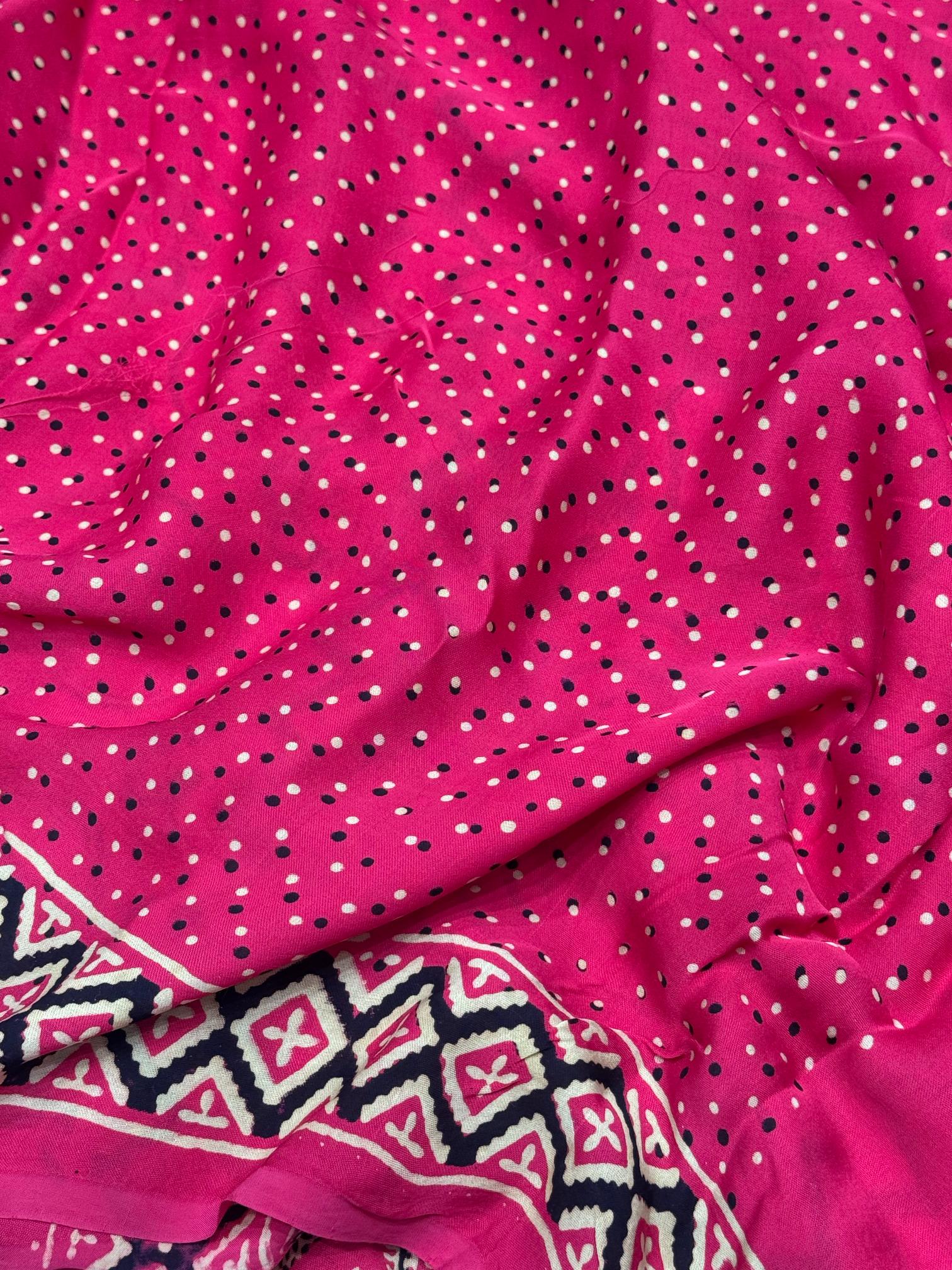 Rani Ajrakh Hand Block Modal Silk Plain Saree With Fancy Zari pallu