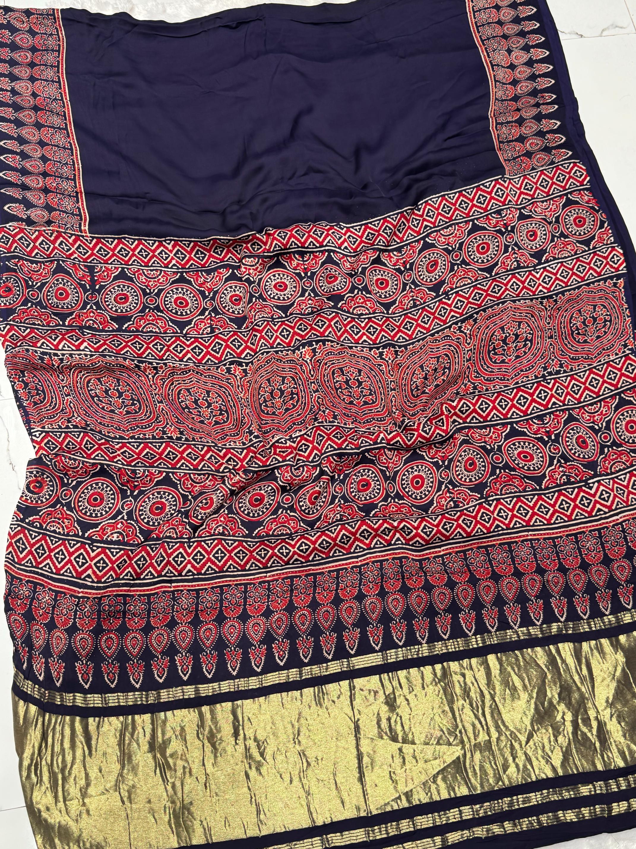 Blue Ajrakh Hand Block Modal Silk Plain Saree With Fancy Zari pallu