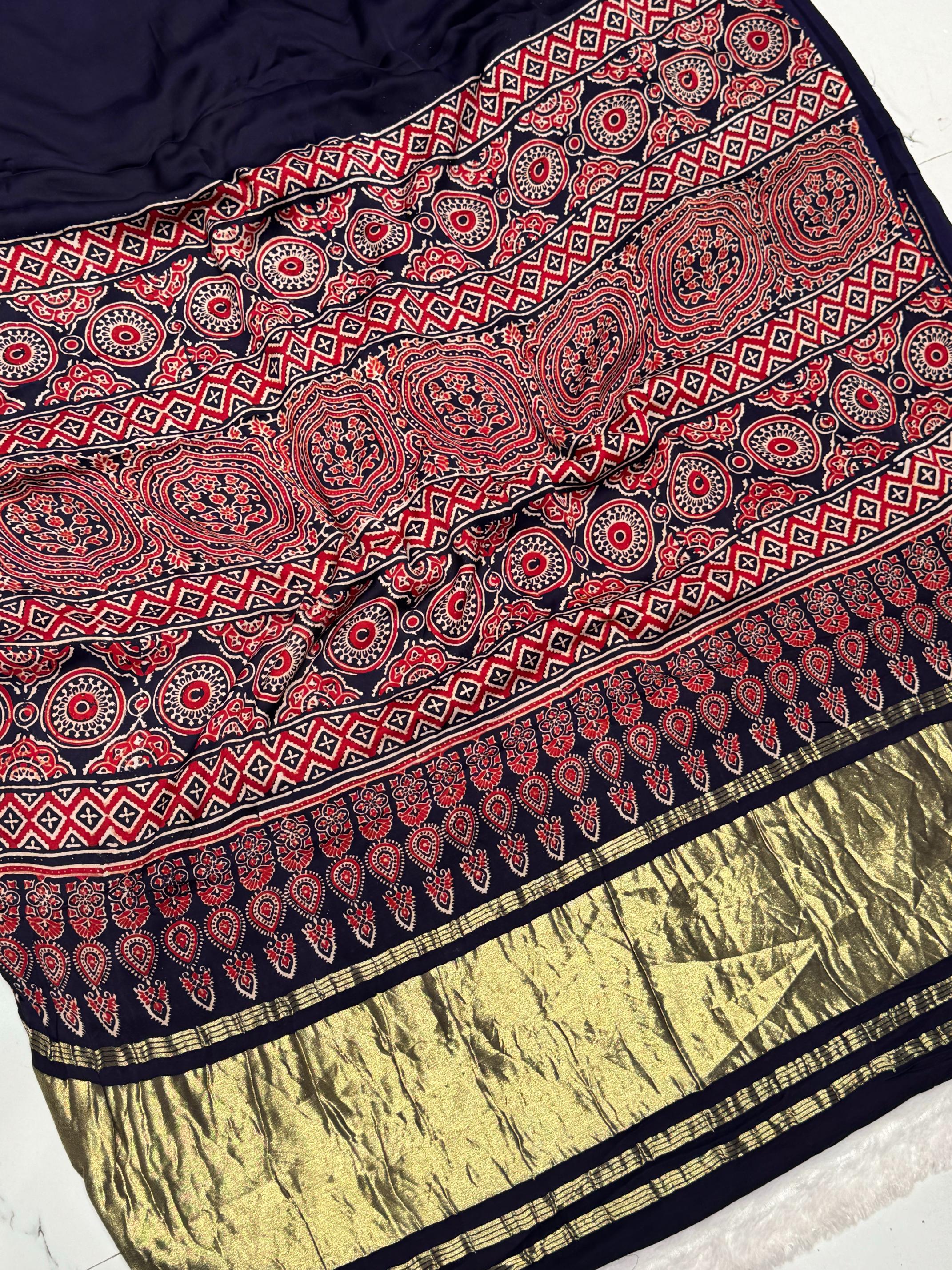 Blue Ajrakh Hand Block Modal Silk Plain Saree With Fancy Zari pallu