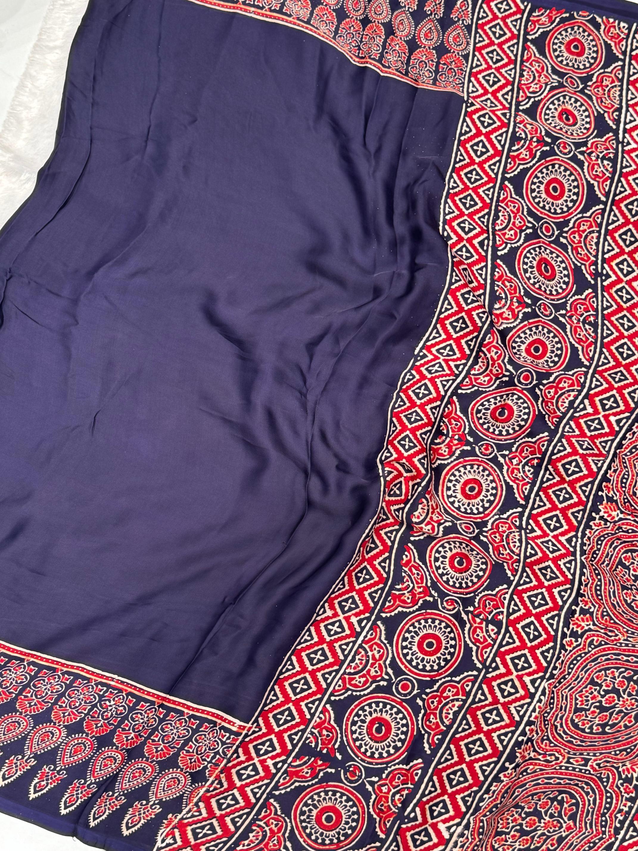 Blue Ajrakh Hand Block Modal Silk Plain Saree With Fancy Zari pallu