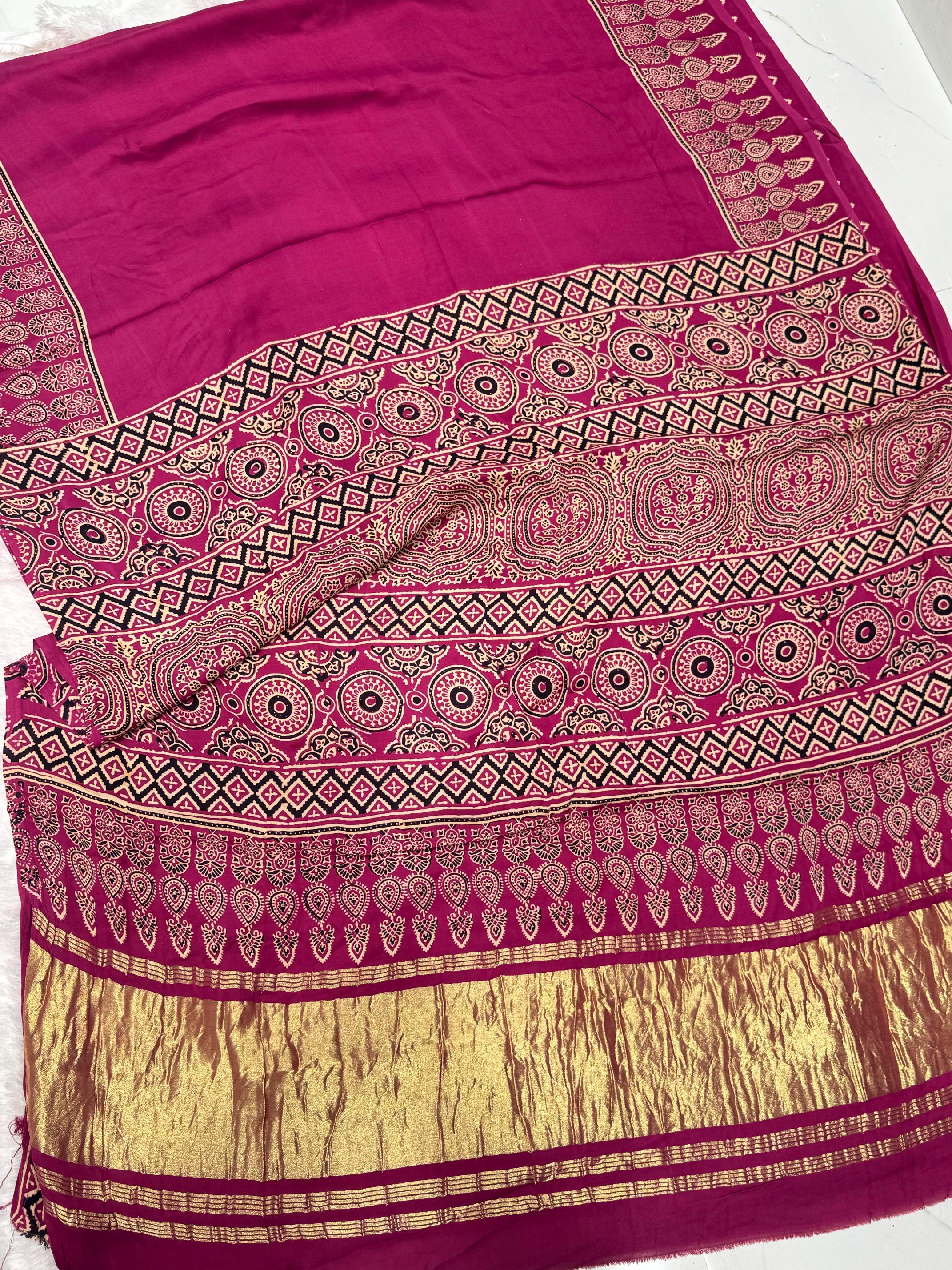 Hot pink Ajrakh Hand Block Modal Silk Plain Saree With Fancy Zari pallu