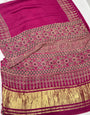 Hot pink Ajrakh Hand Block Modal Silk Plain Saree With Fancy Zari pallu