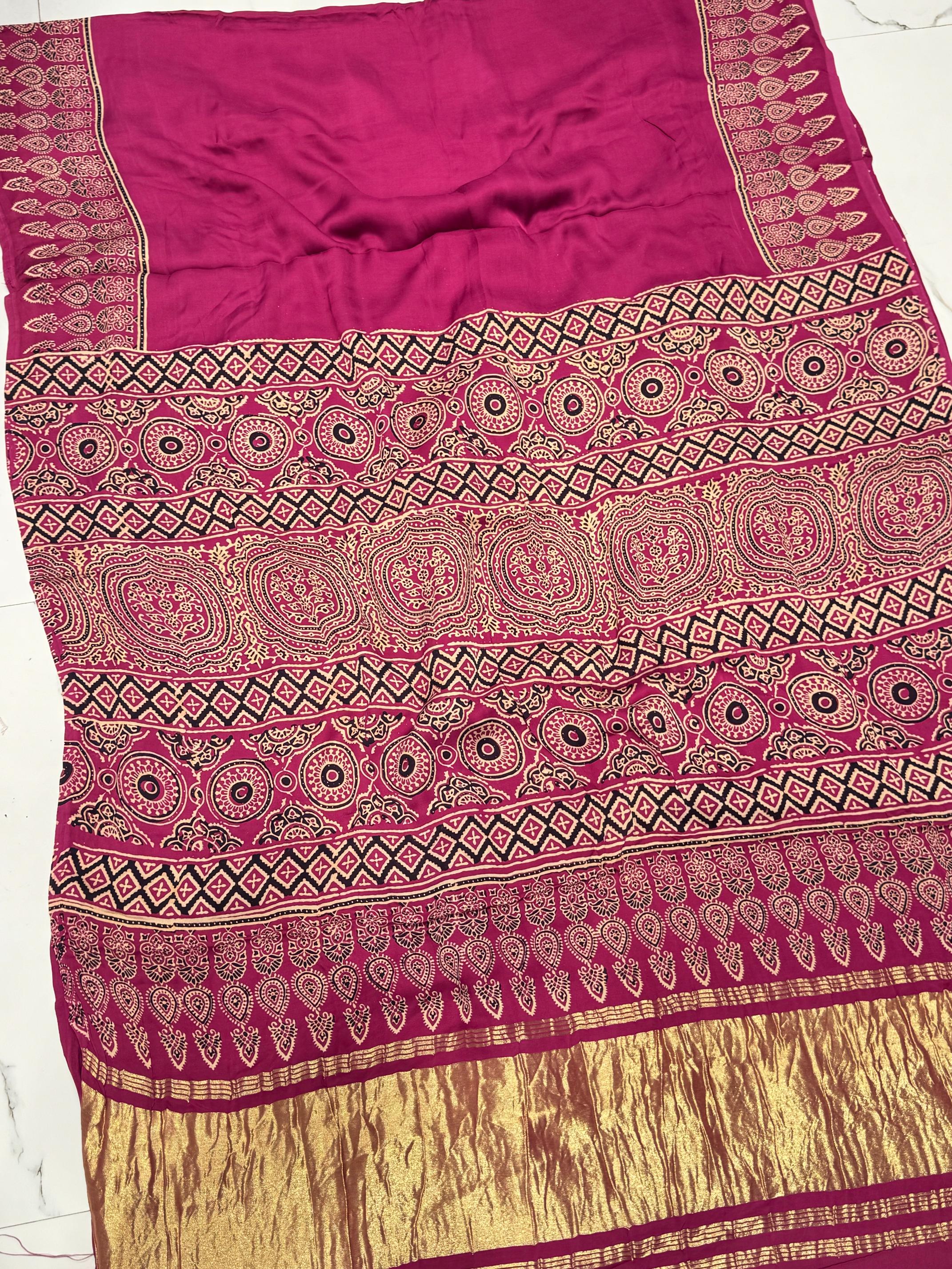 Hot pink Ajrakh Hand Block Modal Silk Plain Saree With Fancy Zari pallu