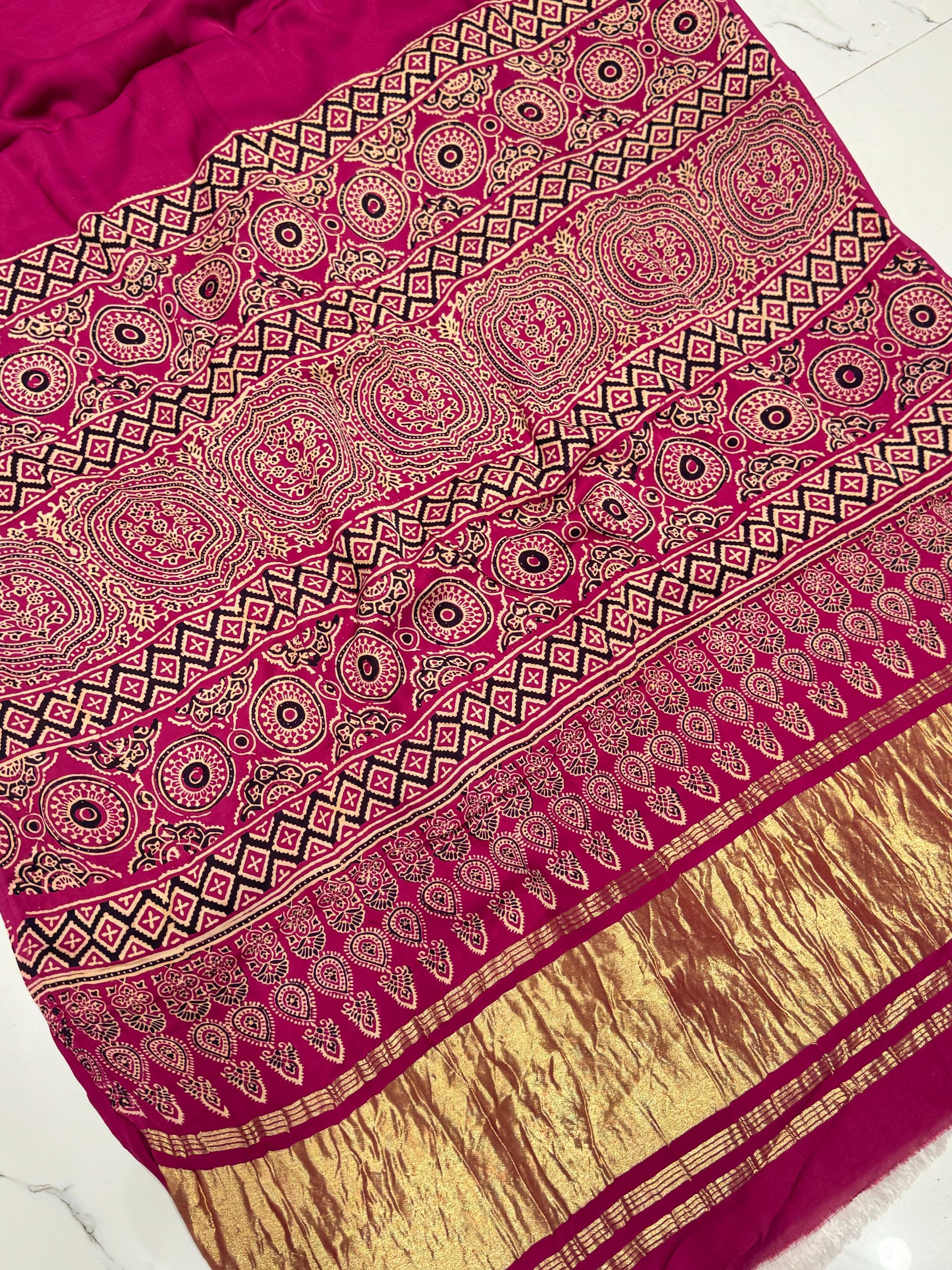 Hot pink Ajrakh Hand Block Modal Silk Plain Saree With Fancy Zari pallu