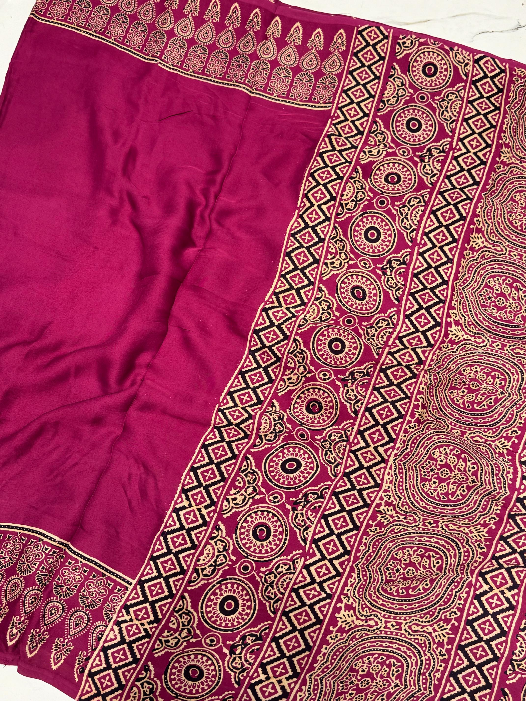Hot pink Ajrakh Hand Block Modal Silk Plain Saree With Fancy Zari pallu