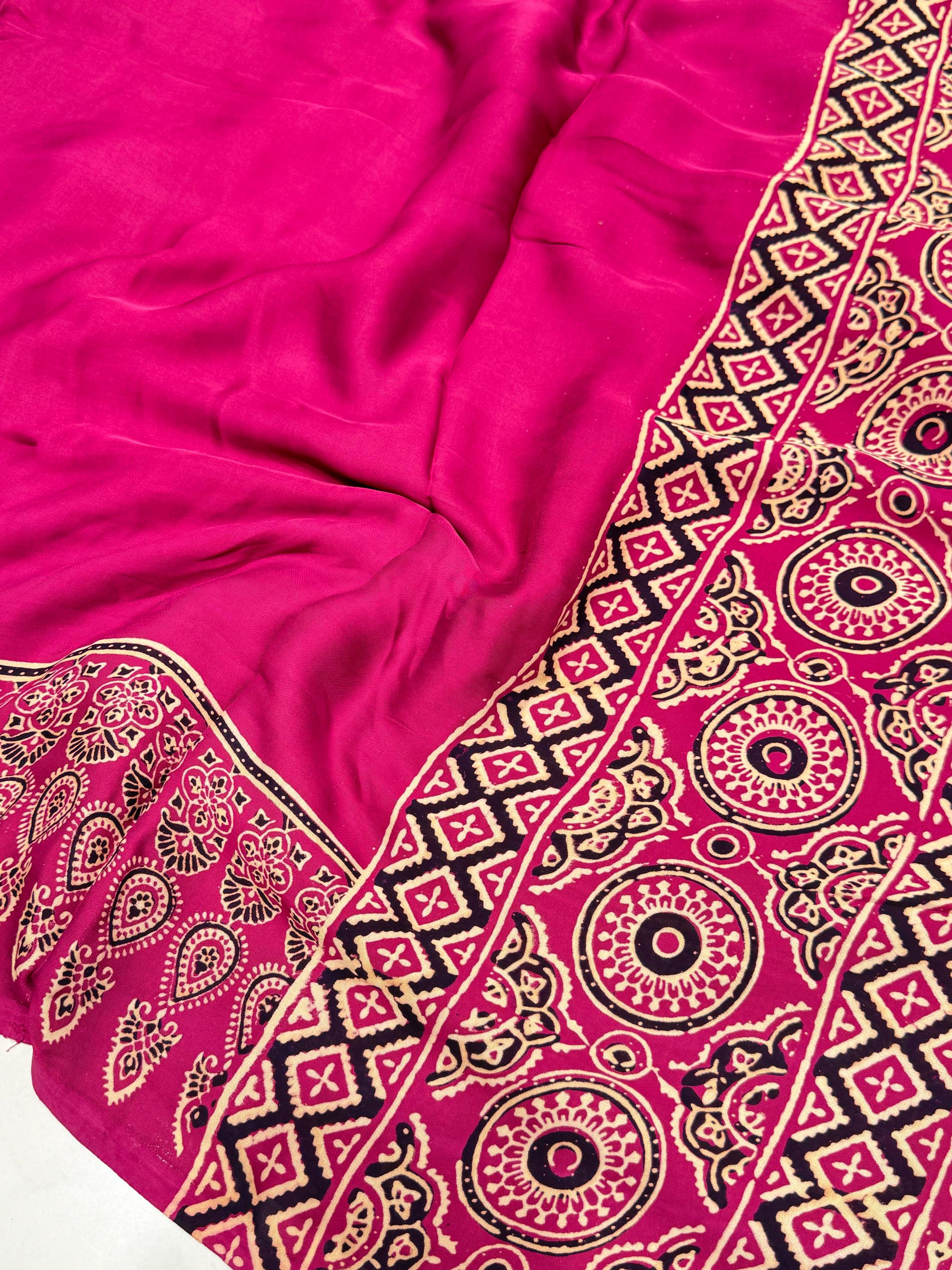 Hot pink Ajrakh Hand Block Modal Silk Plain Saree With Fancy Zari pallu