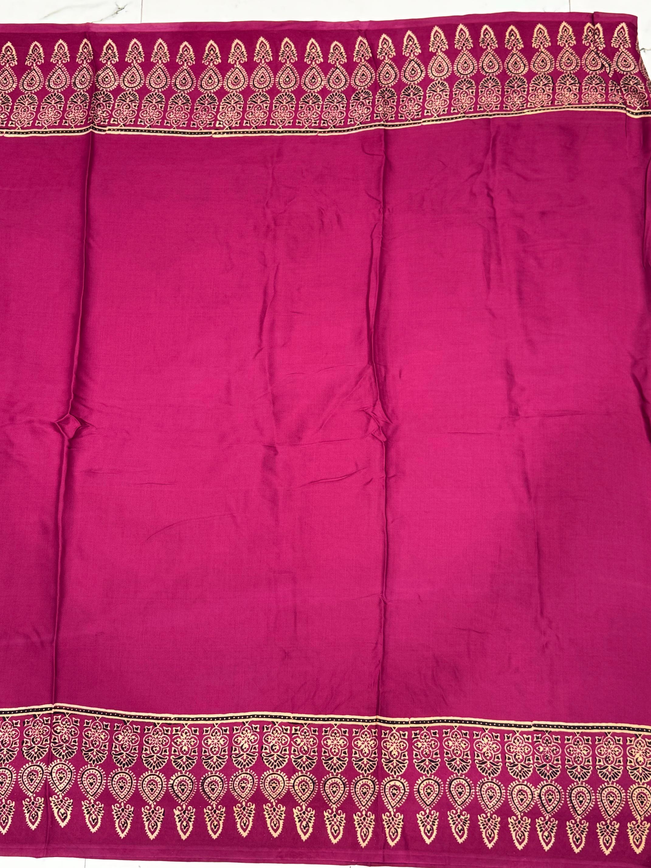 Hot pink Ajrakh Hand Block Modal Silk Plain Saree With Fancy Zari pallu