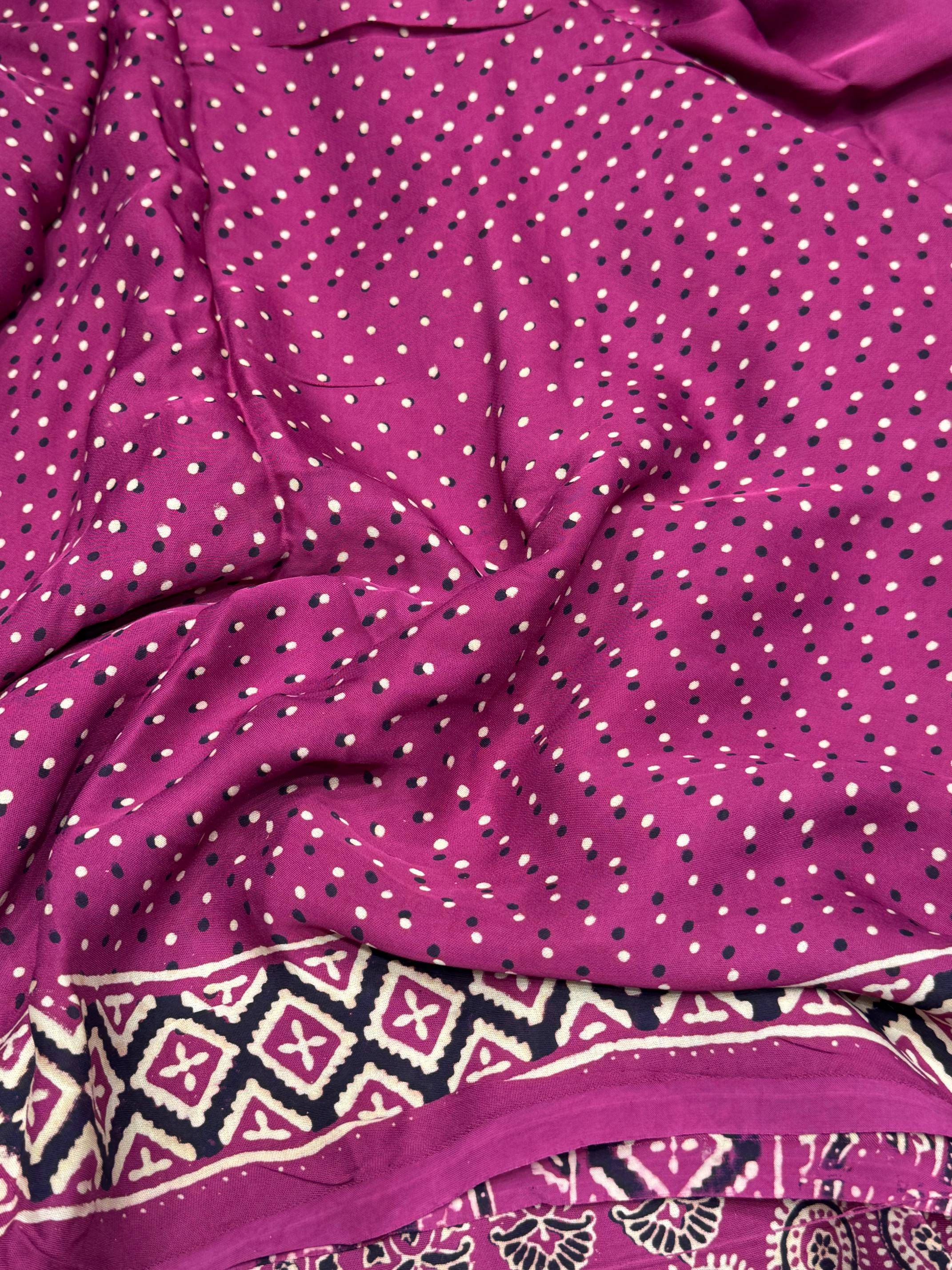 Hot pink Ajrakh Hand Block Modal Silk Plain Saree With Fancy Zari pallu