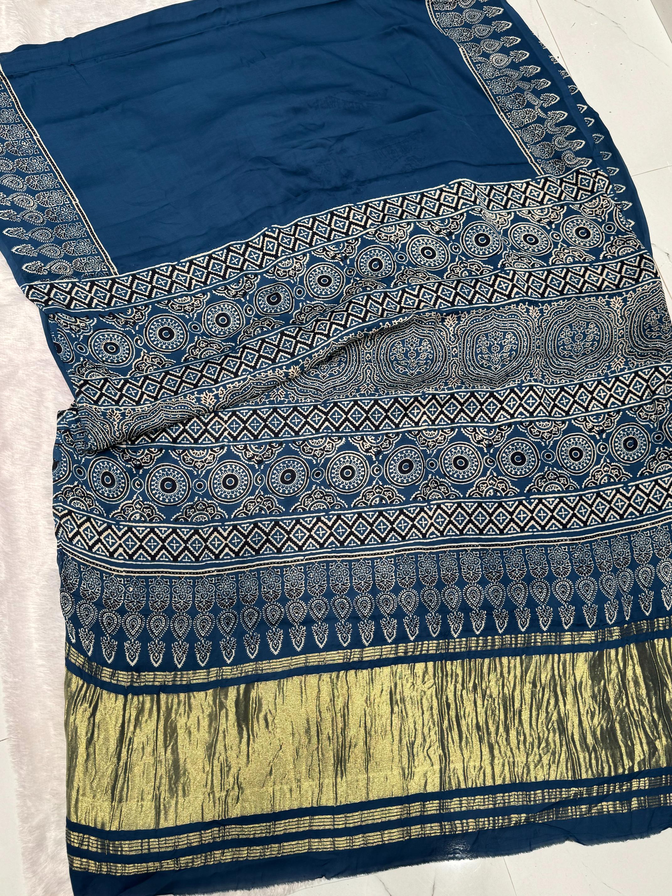 Indigo Ajrakh Hand Block Modal Silk Plain Saree With Fancy Zari pallu