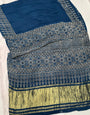 Indigo Ajrakh Hand Block Modal Silk Plain Saree With Fancy Zari pallu
