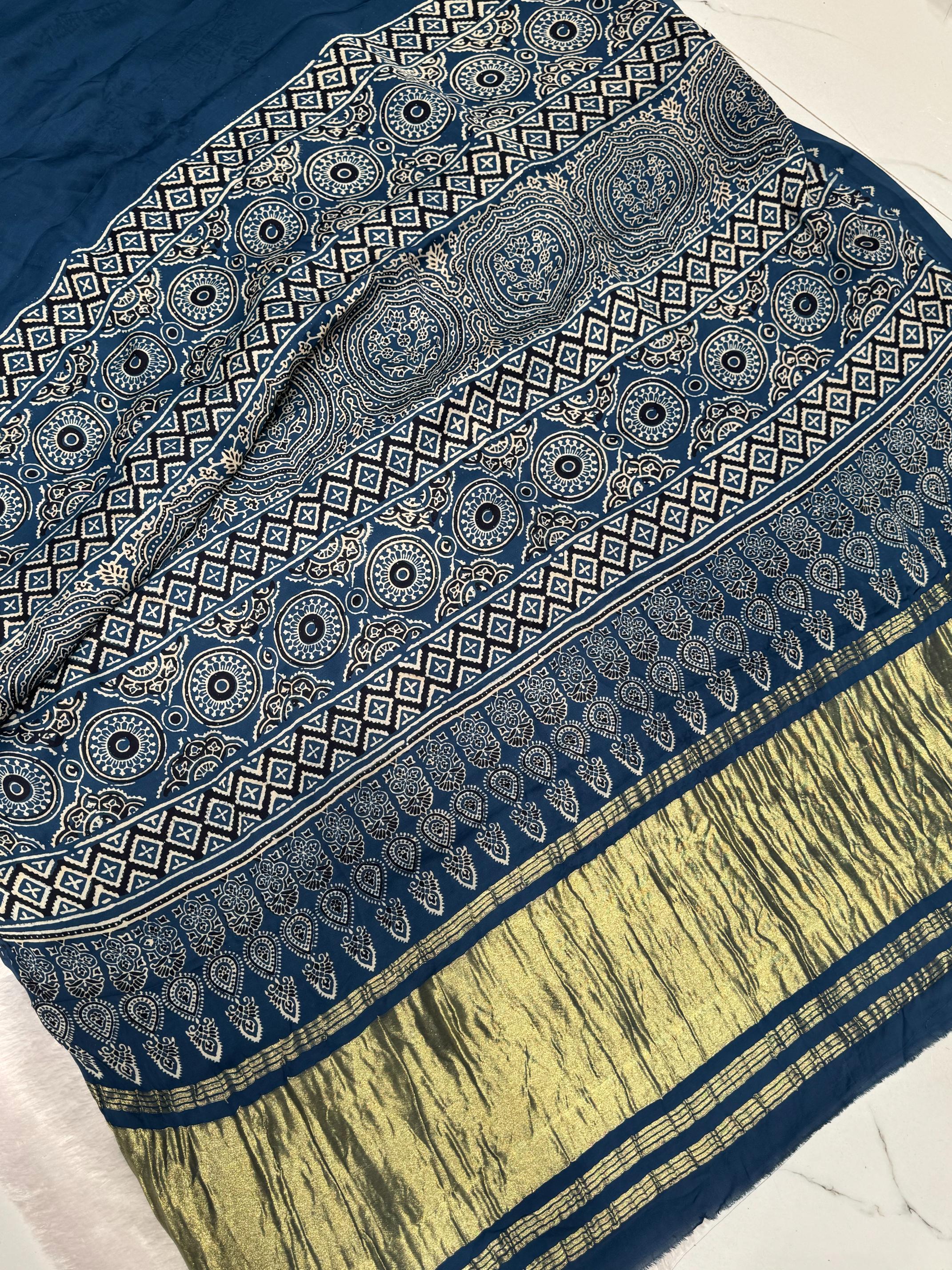 Indigo Ajrakh Hand Block Modal Silk Plain Saree With Fancy Zari pallu