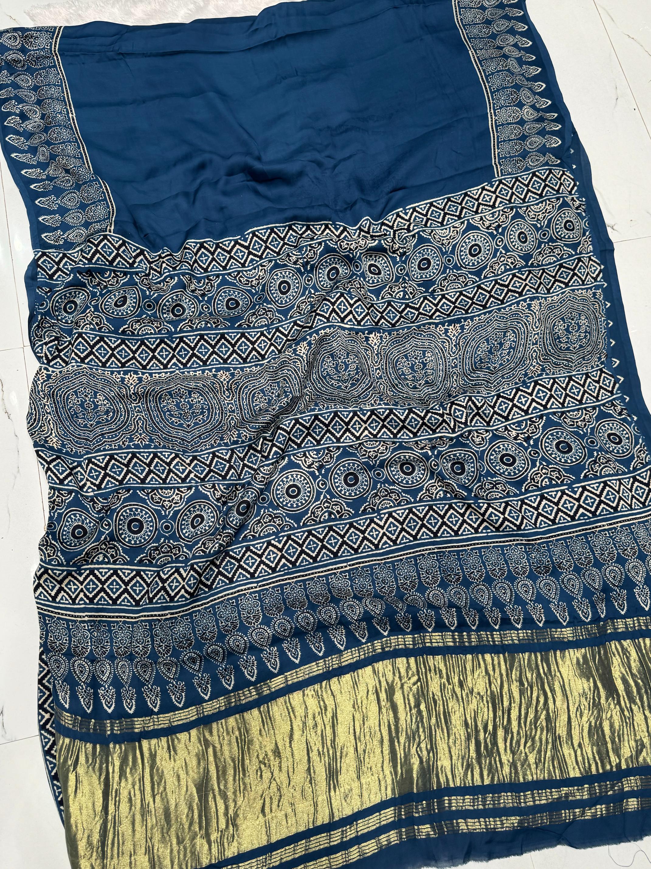 Indigo Ajrakh Hand Block Modal Silk Plain Saree With Fancy Zari pallu