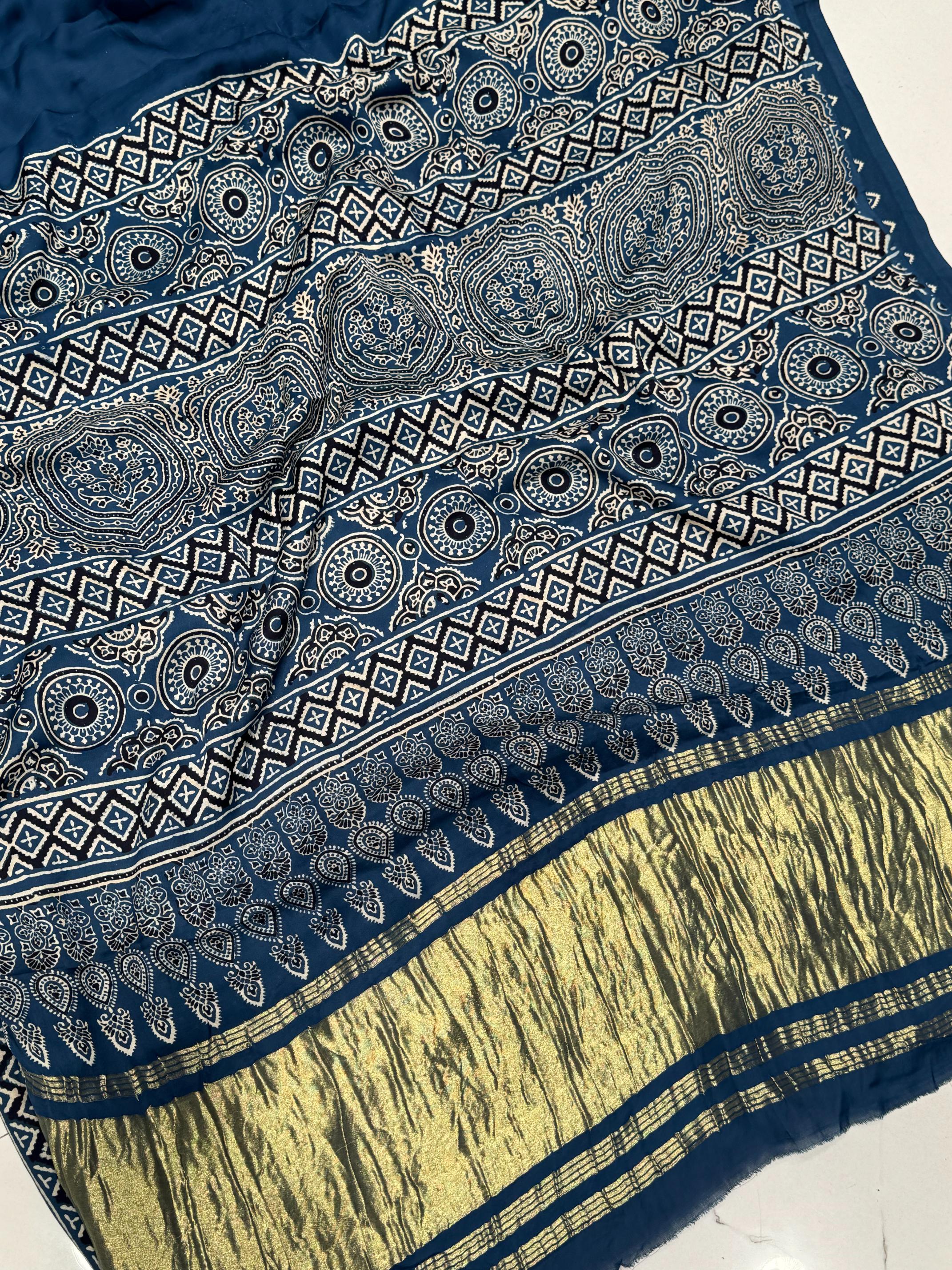Indigo Ajrakh Hand Block Modal Silk Plain Saree With Fancy Zari pallu