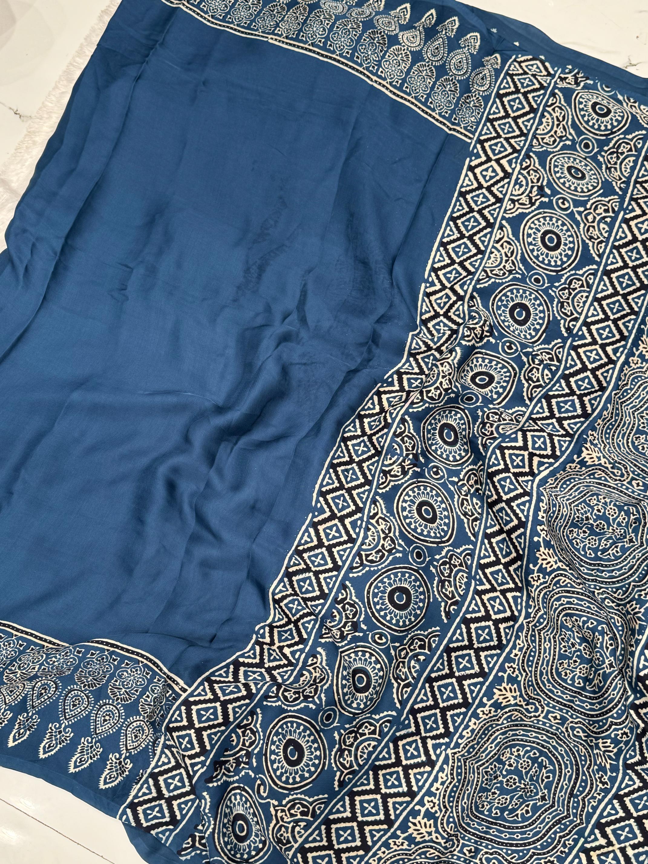 Indigo Ajrakh Hand Block Modal Silk Plain Saree With Fancy Zari pallu