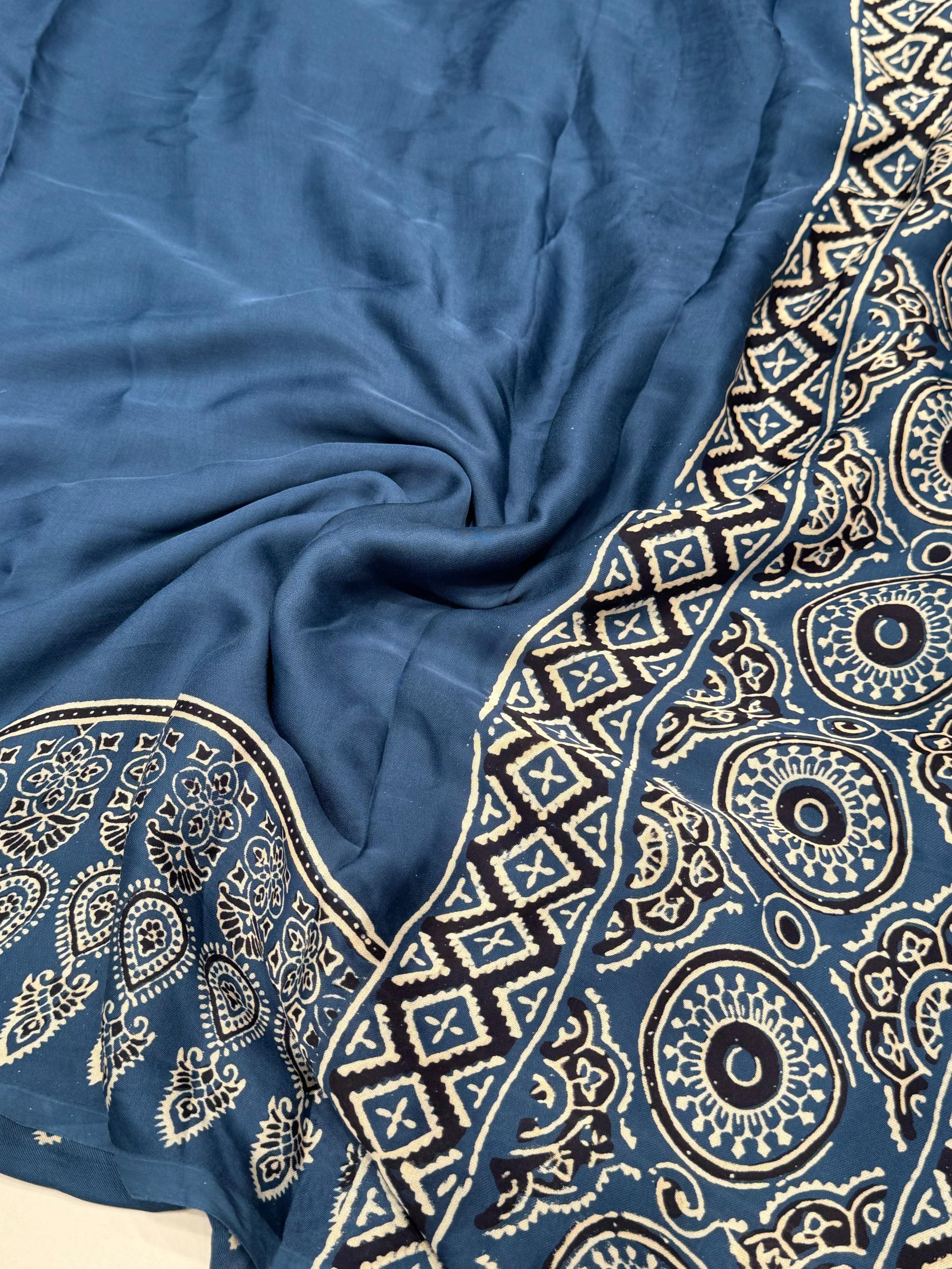 Indigo Ajrakh Hand Block Modal Silk Plain Saree With Fancy Zari pallu