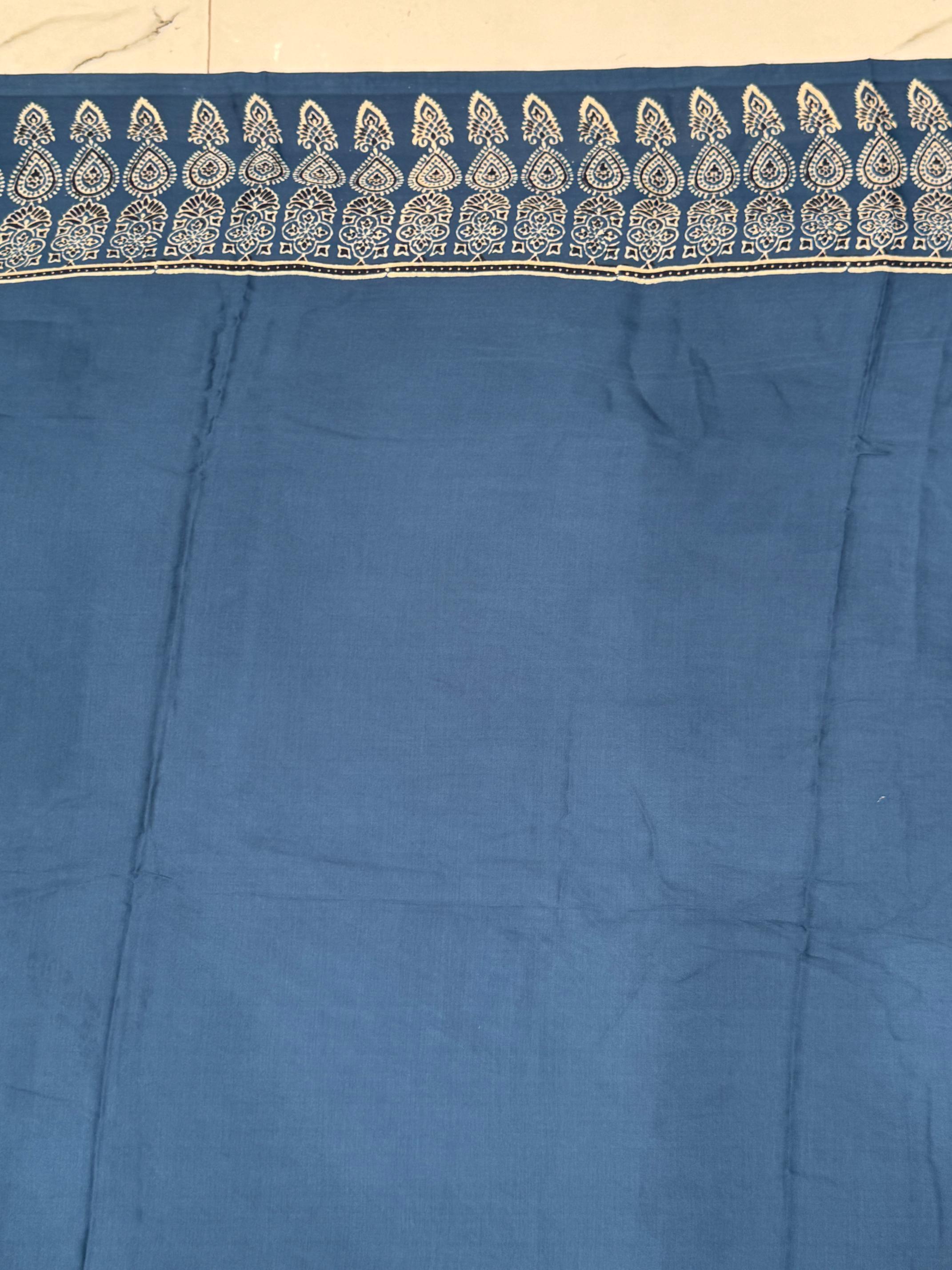 Indigo Ajrakh Hand Block Modal Silk Plain Saree With Fancy Zari pallu