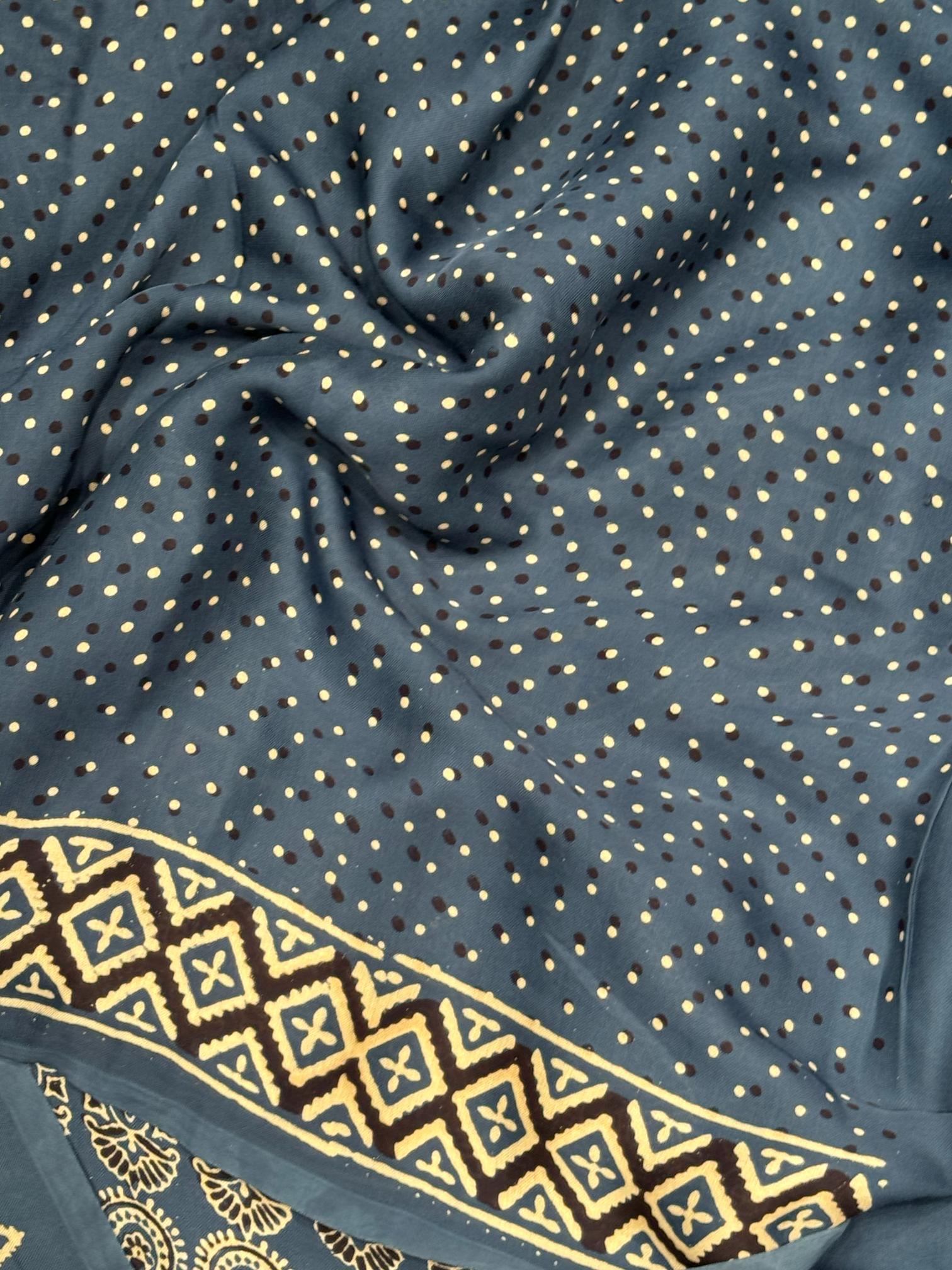 Indigo Ajrakh Hand Block Modal Silk Plain Saree With Fancy Zari pallu