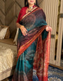 Arcane Blue Ajrakh With Kalamkari Design Maslin silk Saree With Blouse