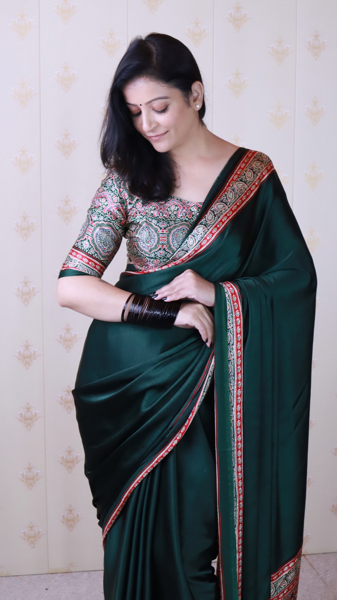 Richness Green Ajrakh Hand-Printed Modal Silk Saree With Blouse