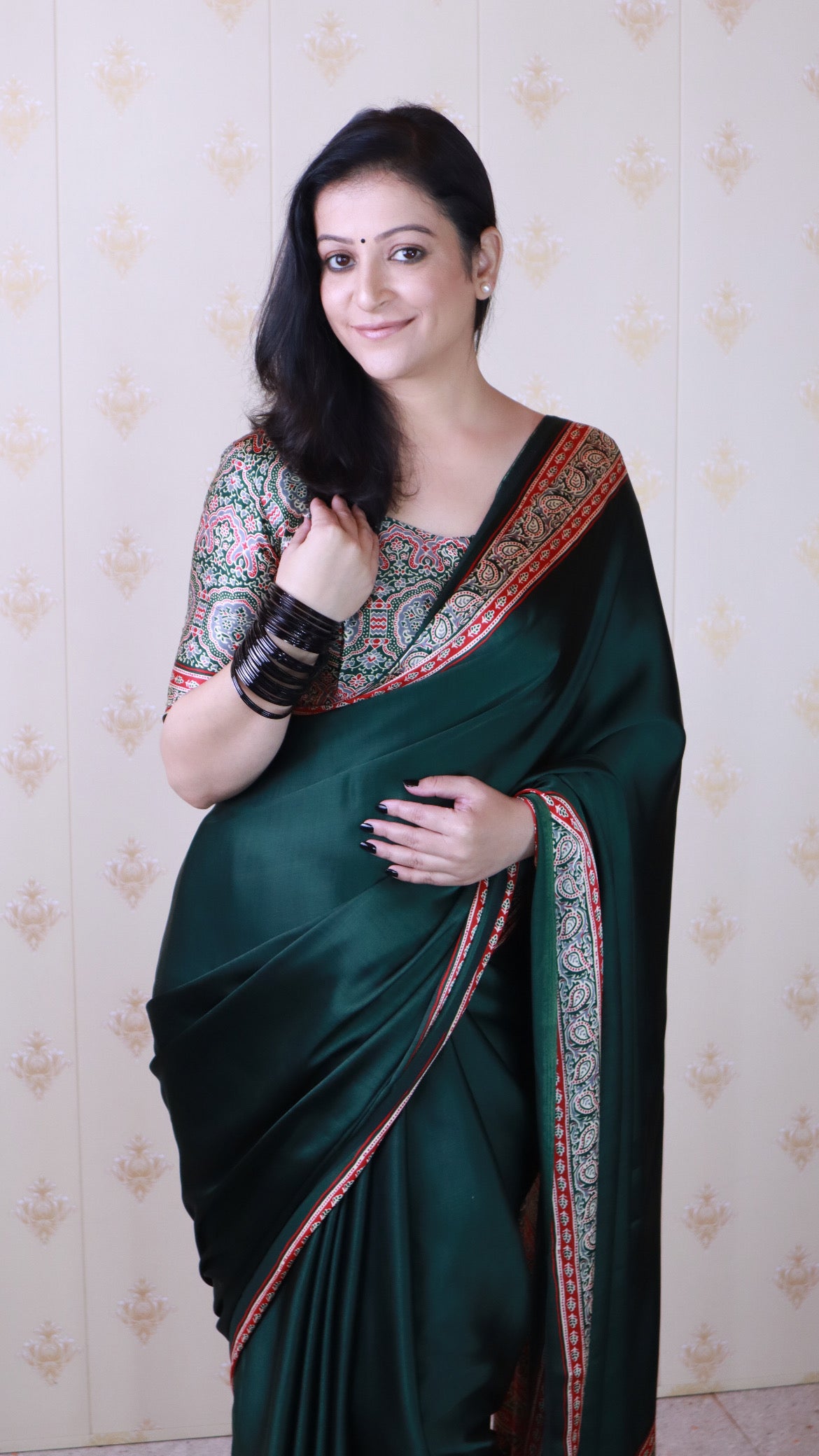 Richness Green Ajrakh Hand-Printed Modal Silk Saree With Blouse