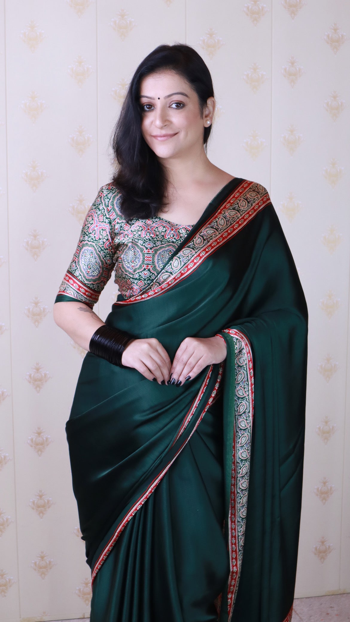 Richness Green Ajrakh Hand-Printed Modal Silk Saree With Blouse