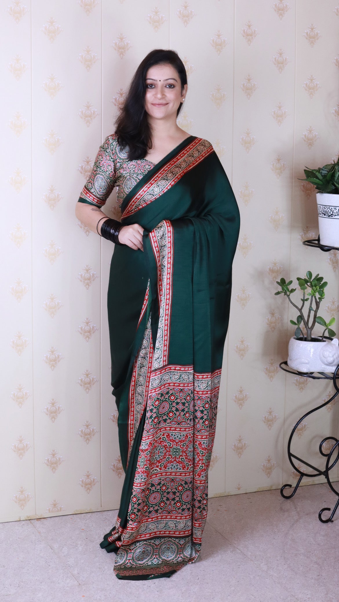 Richness Green Ajrakh Hand-Printed Modal Silk Saree With Blouse