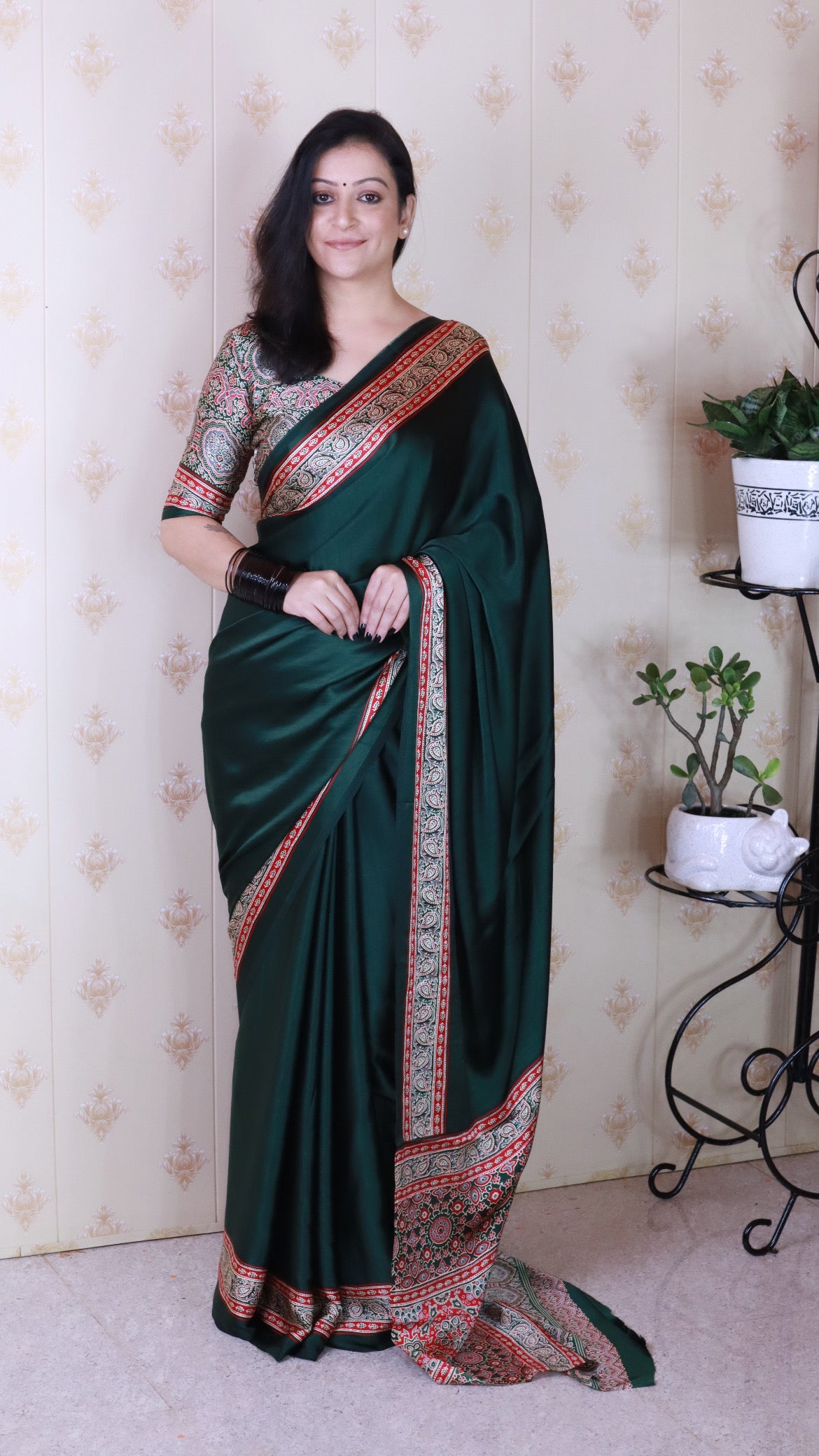 Richness Green Ajrakh Hand-Printed Modal Silk Saree With Blouse