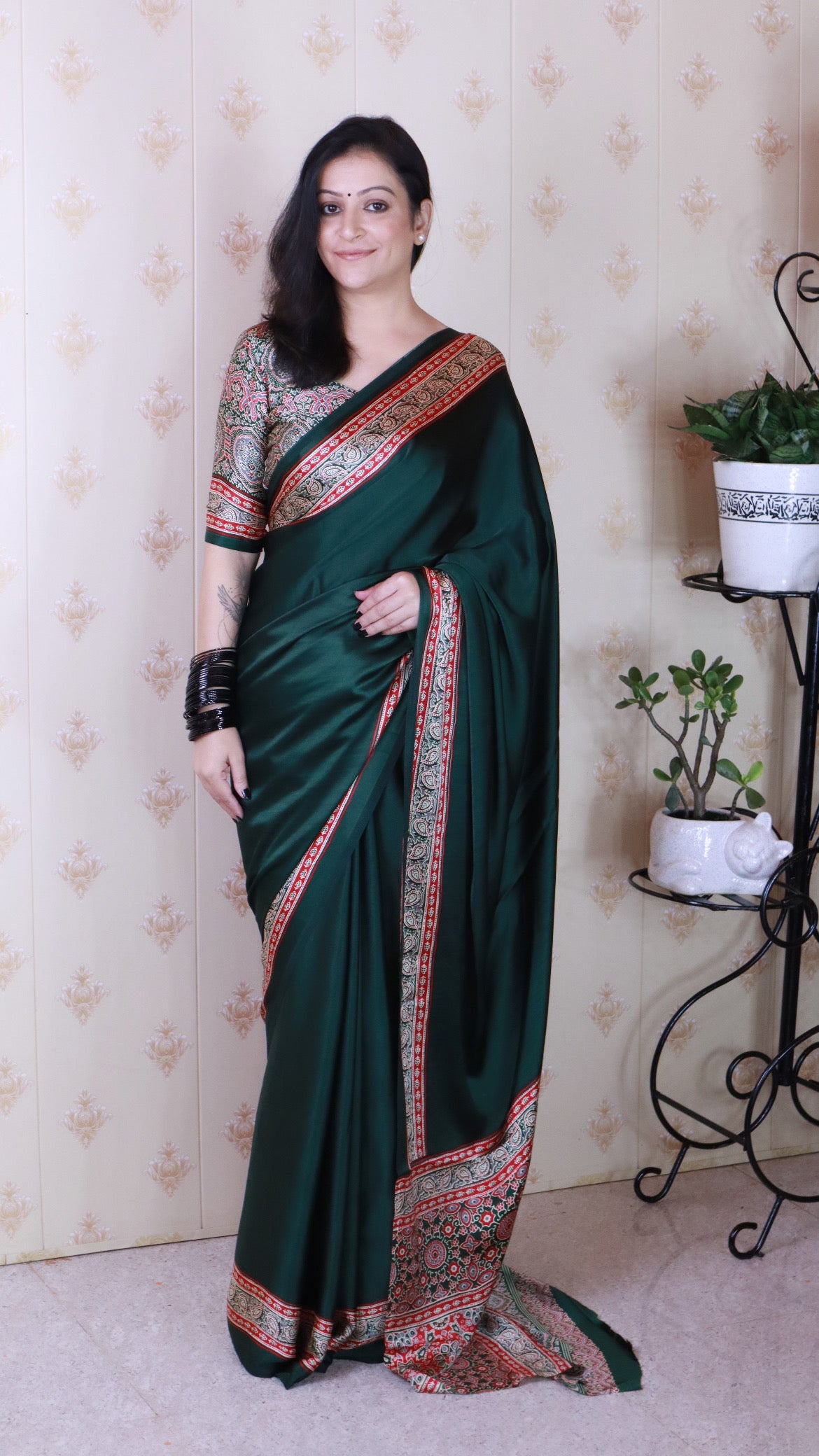 Richness Green Ajrakh Hand-Printed Modal Silk Saree With Blouse