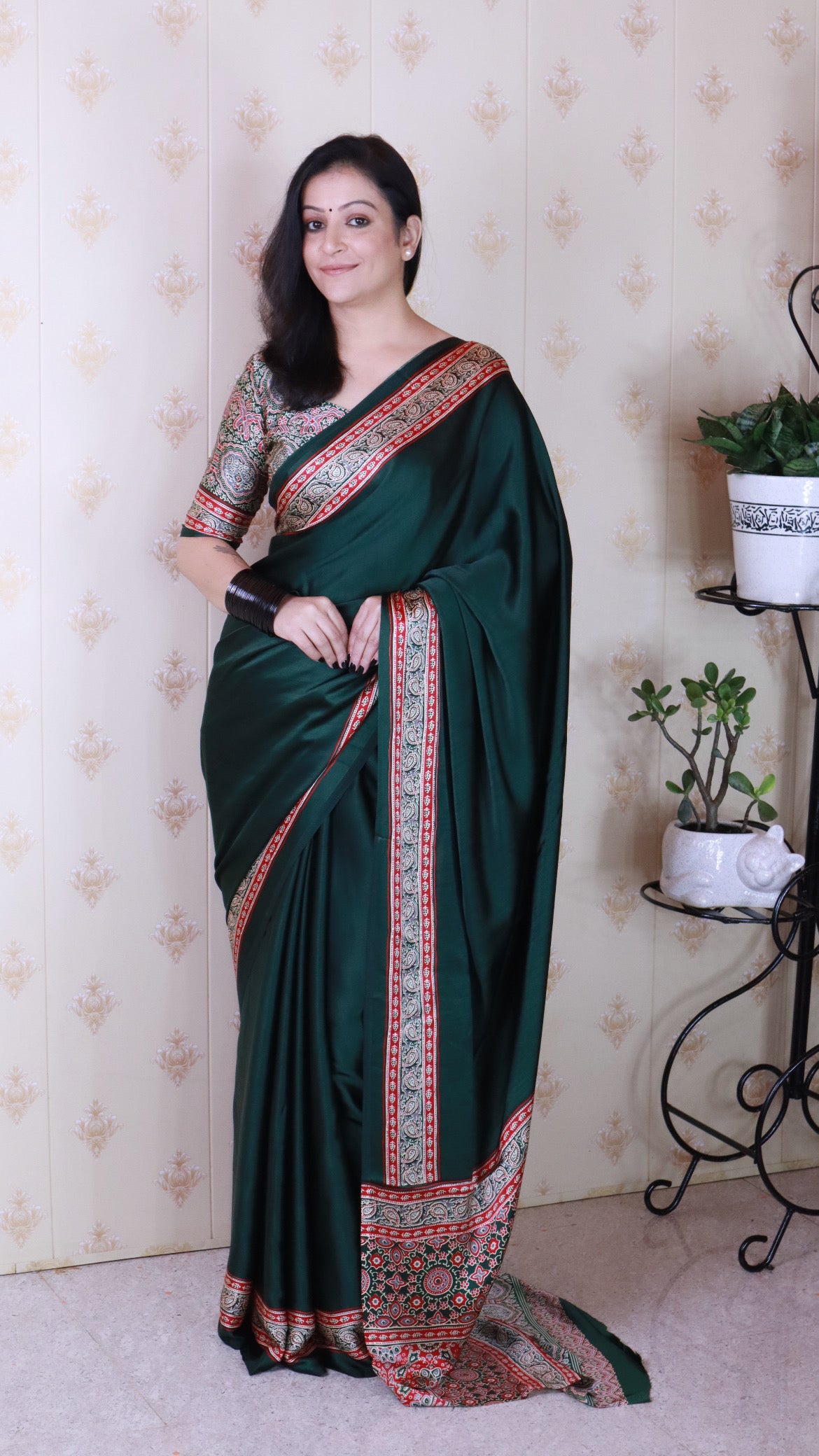 Richness Green Ajrakh Hand-Printed Modal Silk Saree With Blouse