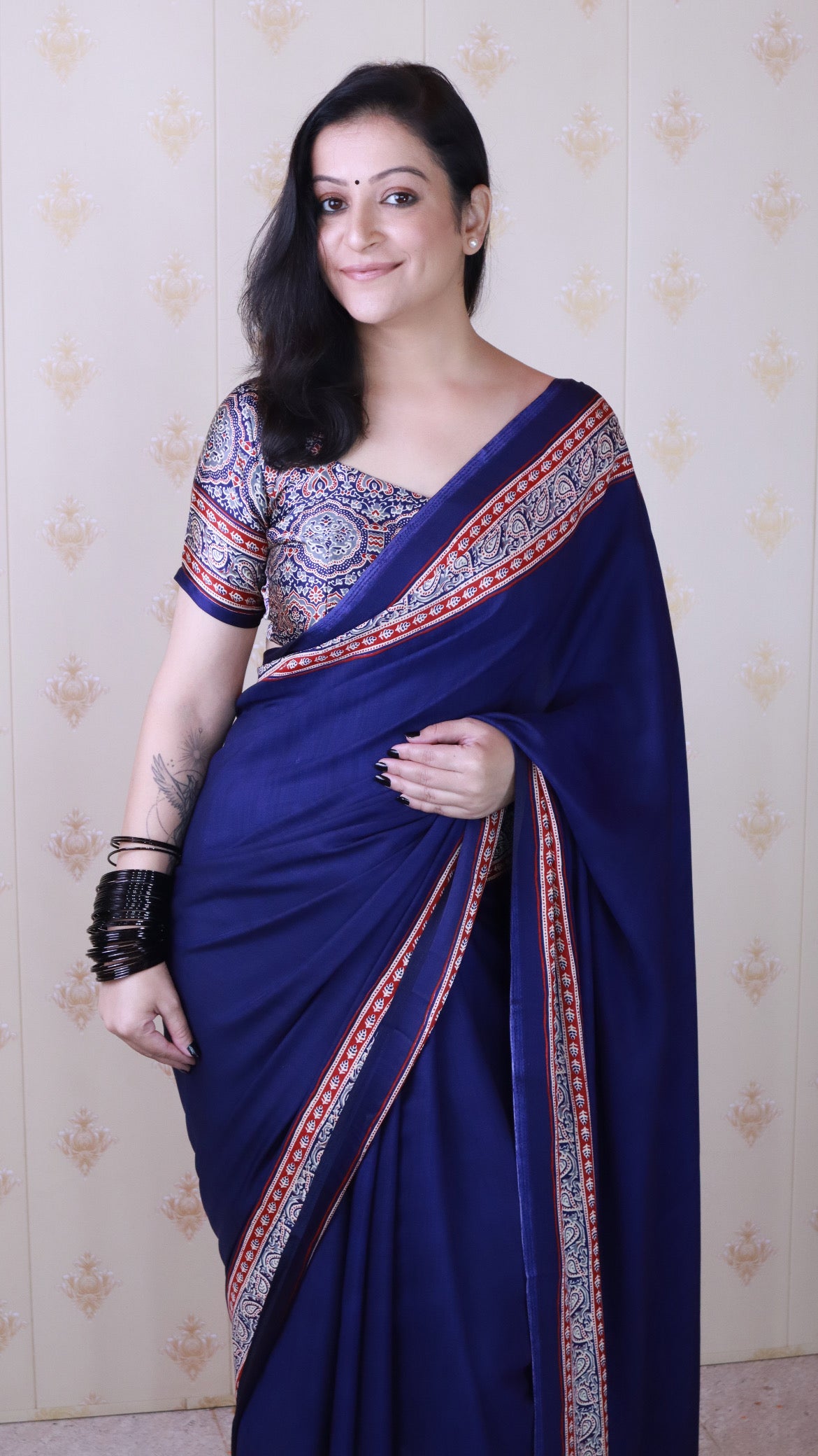 Pretty Blue Ajrakh Hand-Printed Modal Silk Saree With Blouse