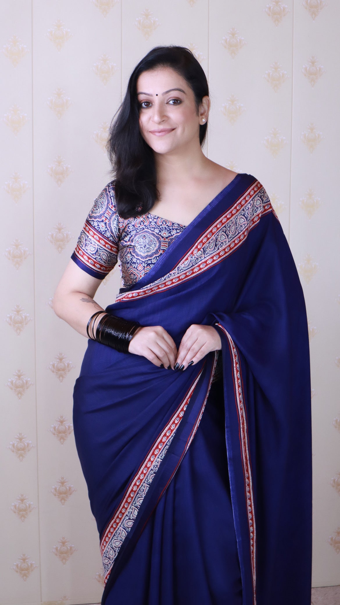 Pretty Blue Ajrakh Hand-Printed Modal Silk Saree With Blouse