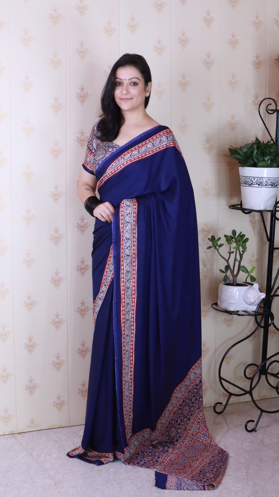 Pretty Blue Ajrakh Hand-Printed Modal Silk Saree With Blouse