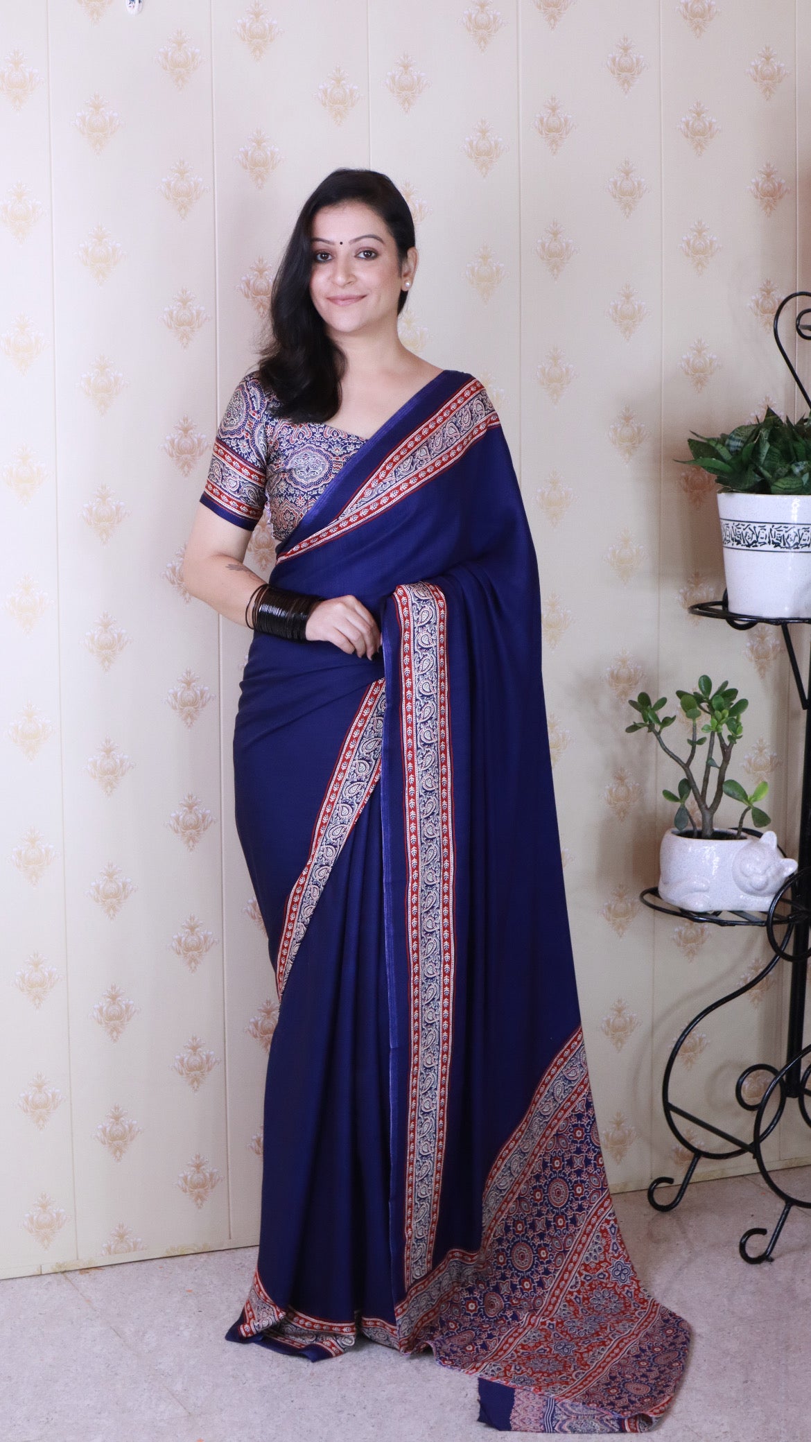 Pretty Blue Ajrakh Hand-Printed Modal Silk Saree With Blouse