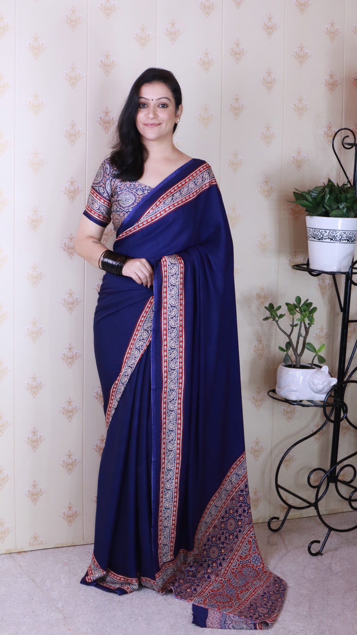 Pretty Blue Ajrakh Hand-Printed Modal Silk Saree With Blouse