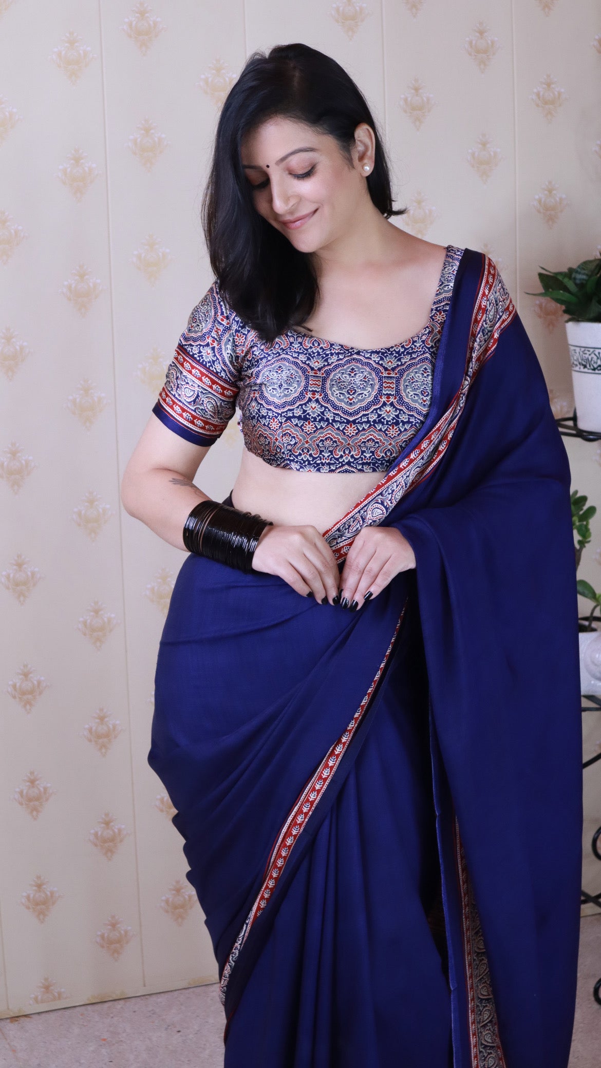 Pretty Blue Ajrakh Hand-Printed Modal Silk Saree With Blouse