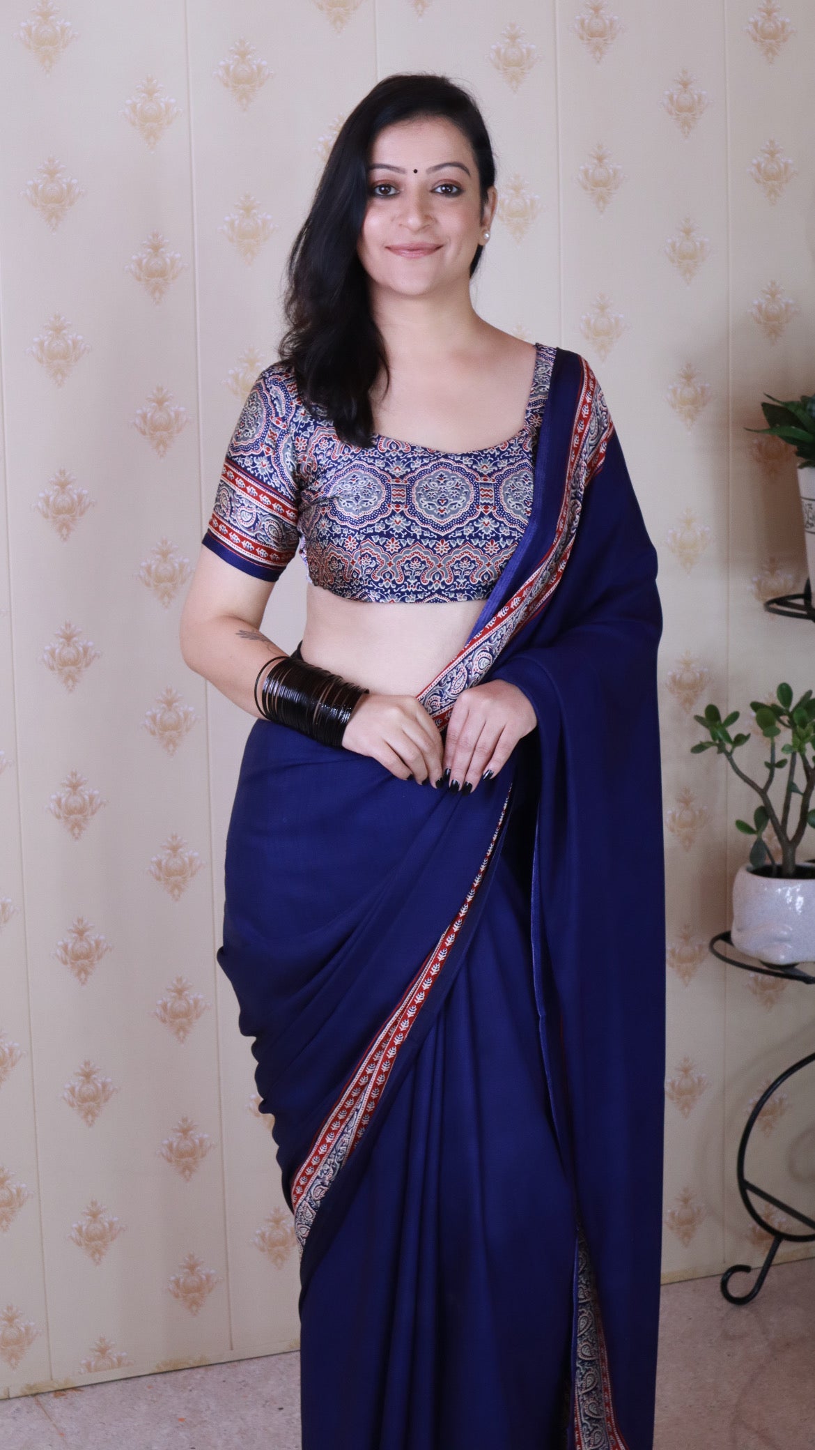 Pretty Blue Ajrakh Hand-Printed Modal Silk Saree With Blouse